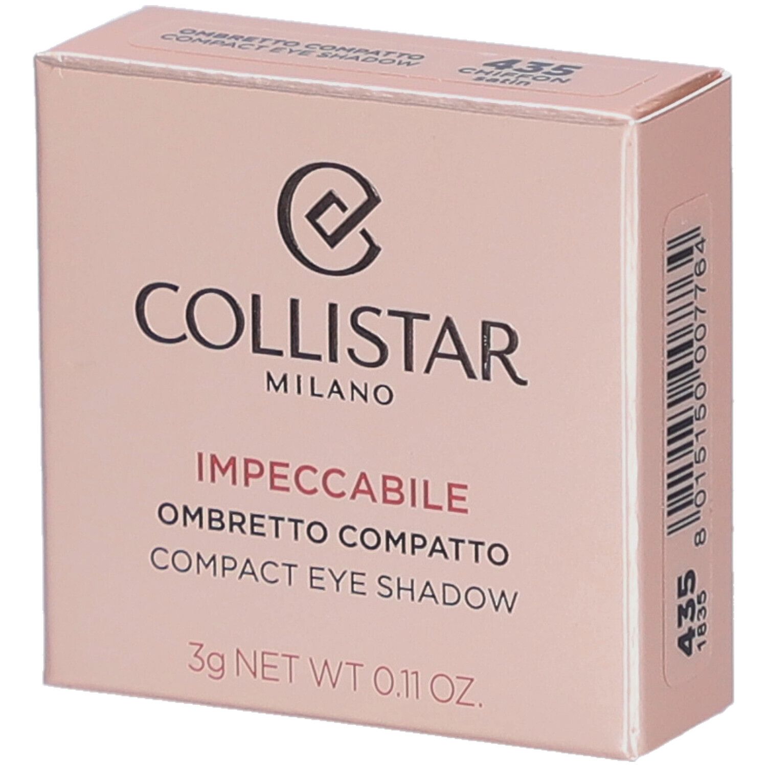 Boîte rose. Collistar Milano, Impeccabile Compact Eyeshadow. 435 Chiffon Satin. 3g. Logo visible.