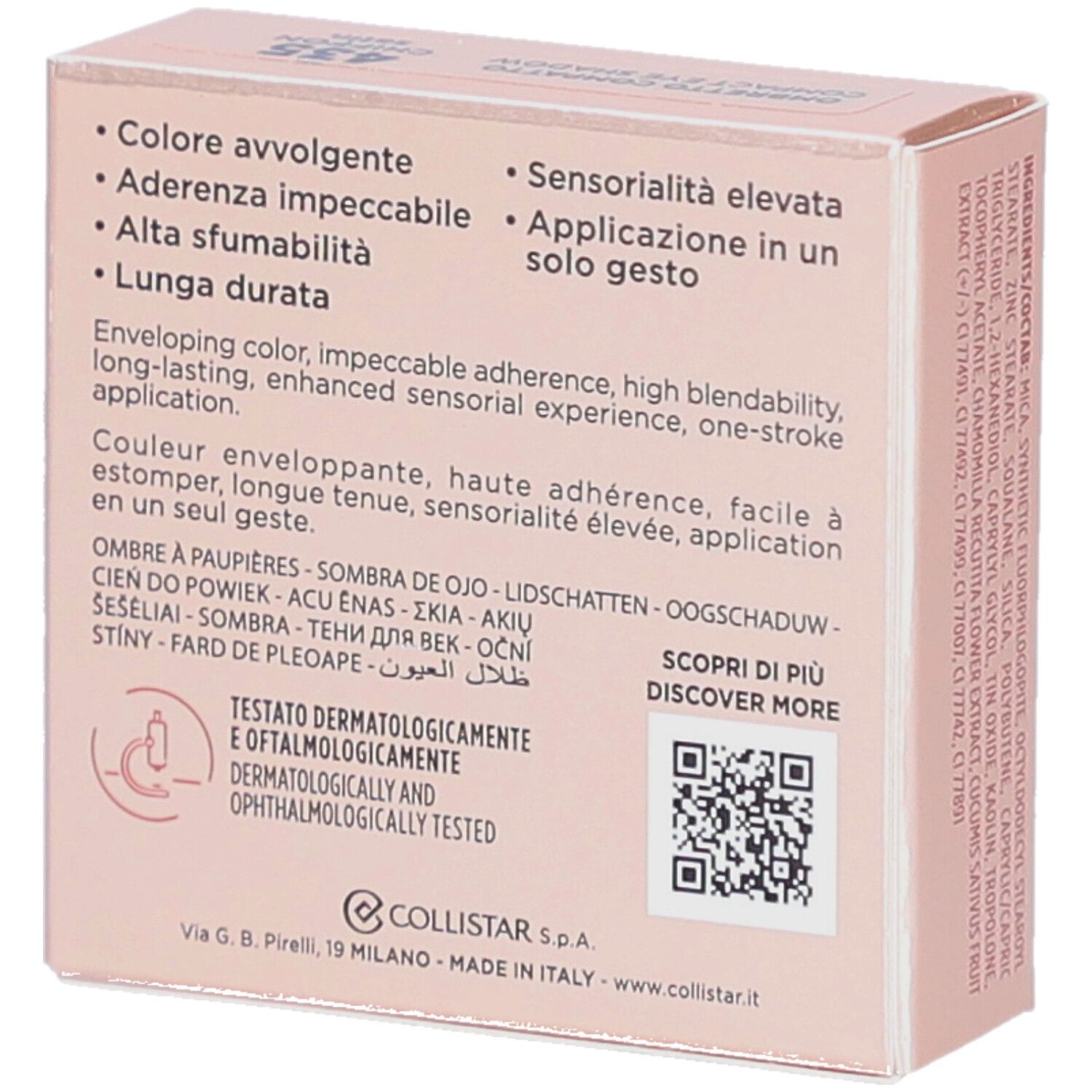 Boîte rose. Collistar Milano, Impeccabile Compact Eyeshadow. Texte en italien, anglais, français.
