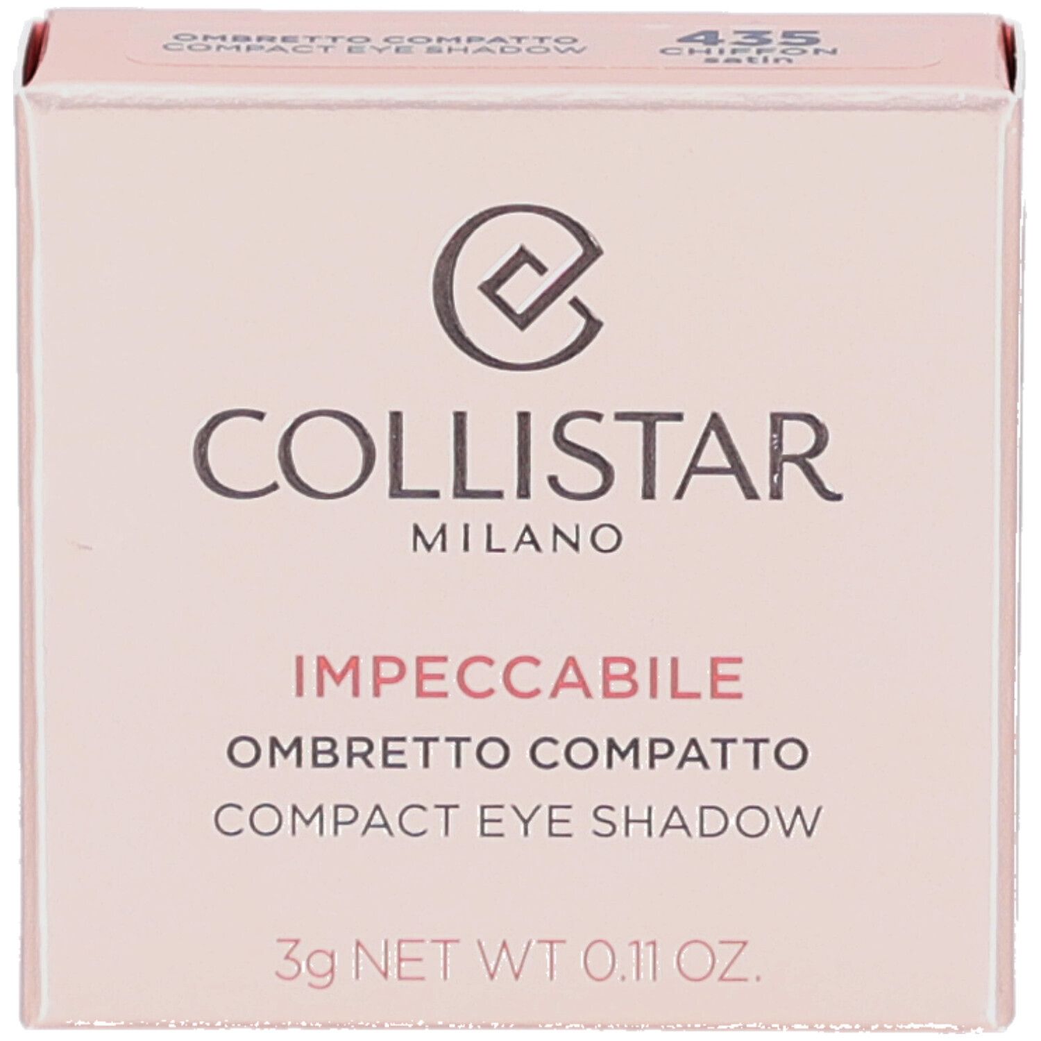 Boîte rose. Collistar Milano, Impeccabile Compact Eyeshadow. 435 Chiffon Satin. 3g. Logo visible.