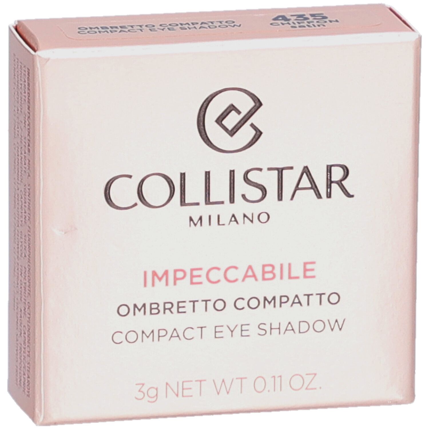 Boîte rose. Collistar Milano, Impeccabile Compact Eyeshadow. 435 Chiffon Satin. 3g. Logo visible.