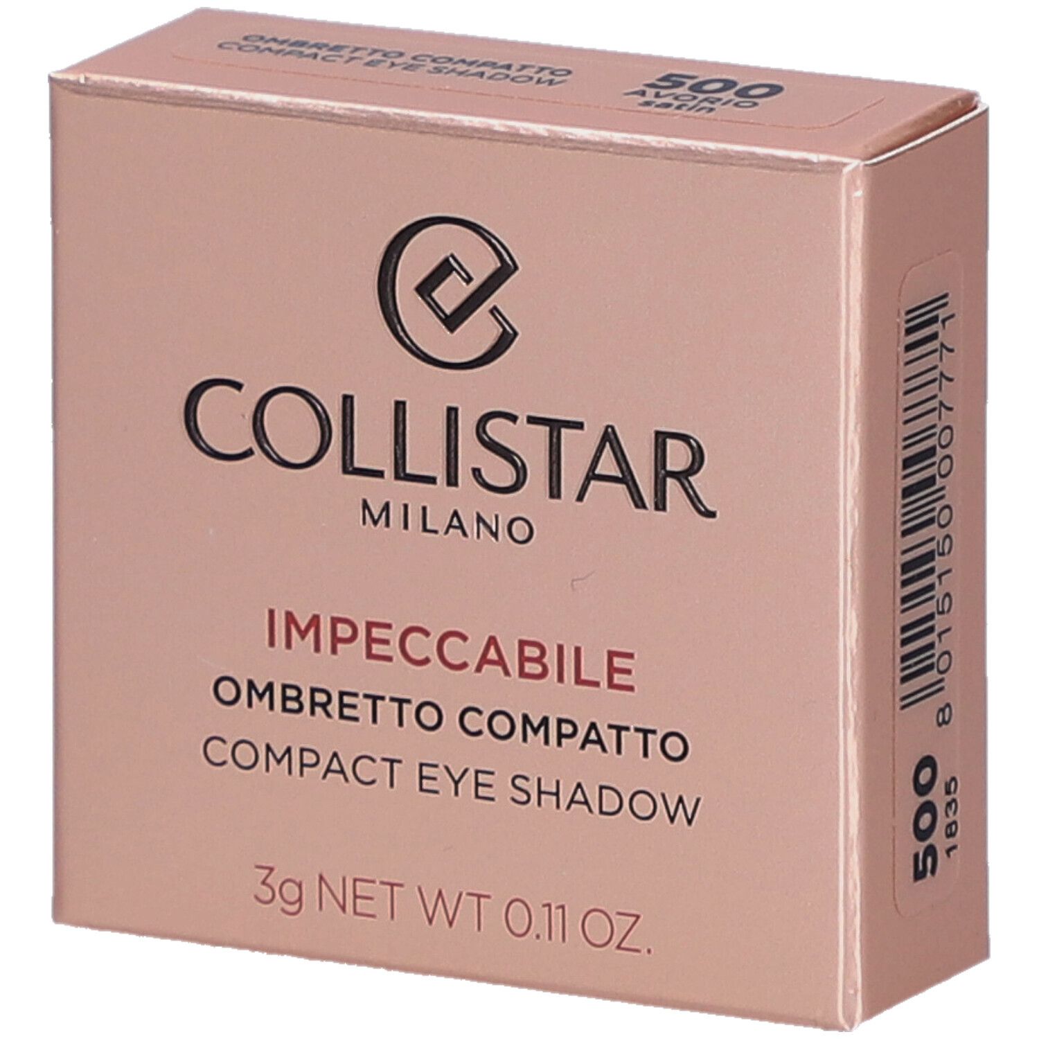 Kompakter Lidschatten-Karton. Marke: Collistar Milano. Text: Impeccabile Compact Eye Shadow. Farbe: 500 Avorio Satin.