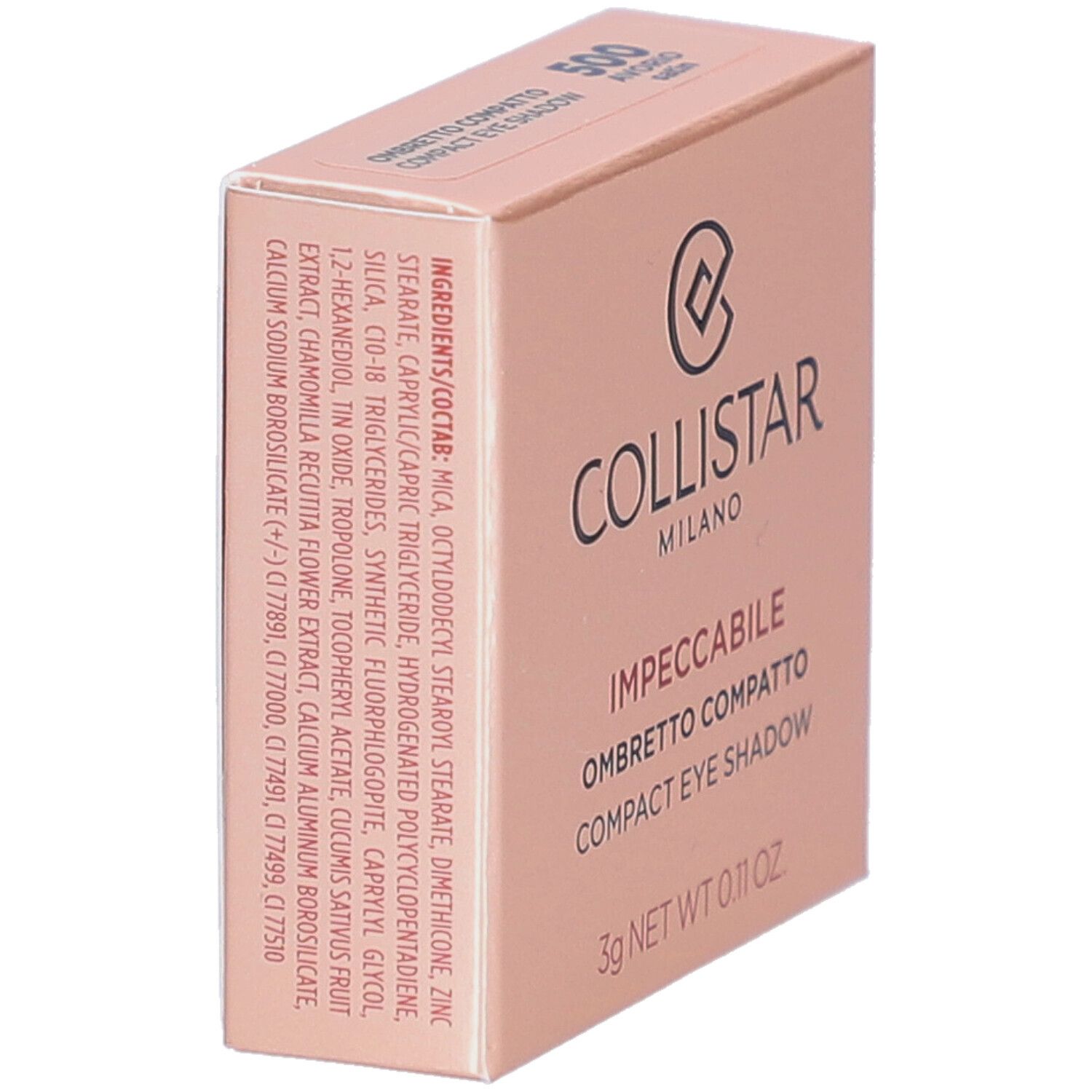 Kompakter Lidschatten-Karton. Marke: Collistar Milano. Text: Impeccabile Compact Eye Shadow. Inhaltsstoffe aufgedruckt.