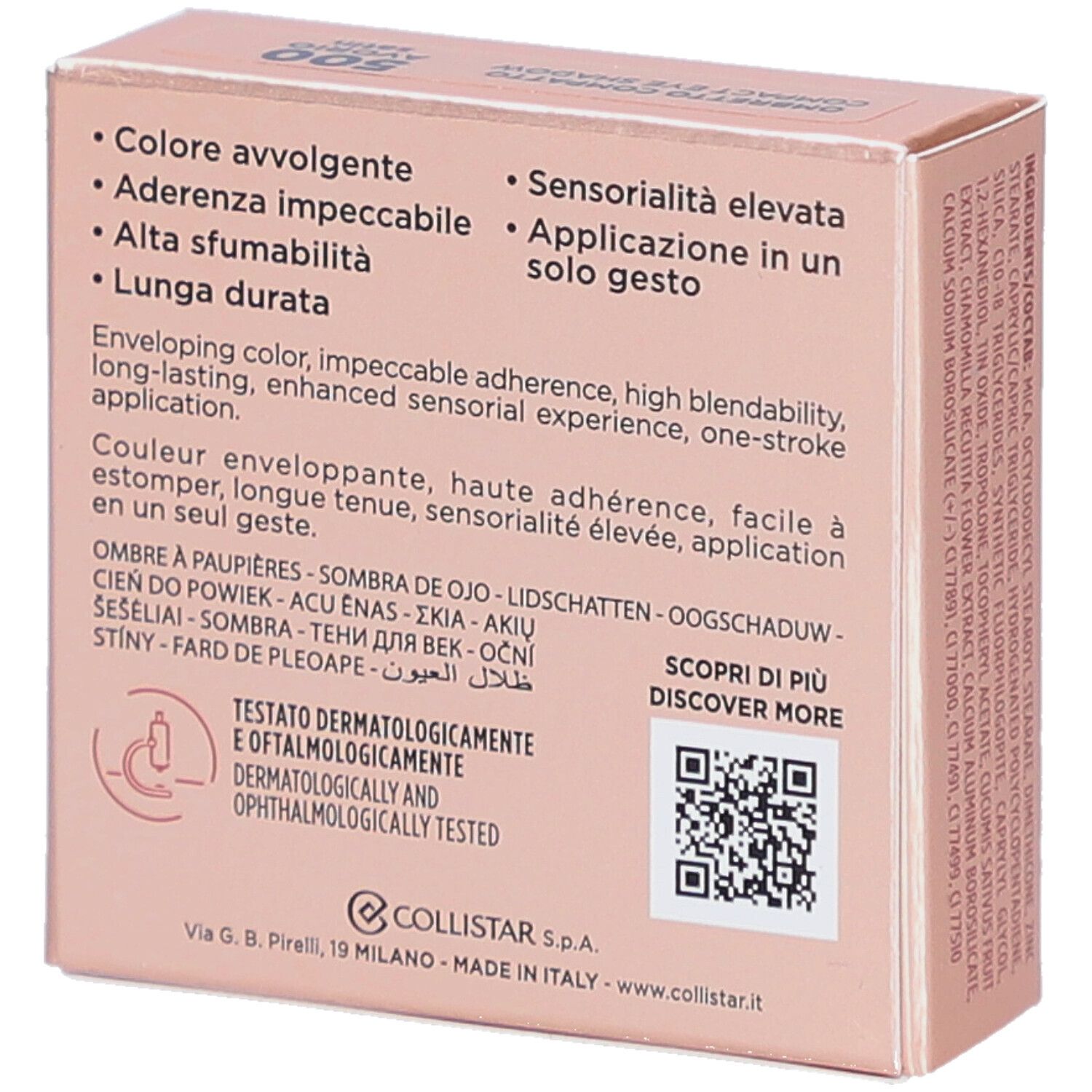 Rückseite des Lidschatten-Kartons. Text: Collistar Milano. Dermatologisch und ophthalmologisch getestet. QR-Code.