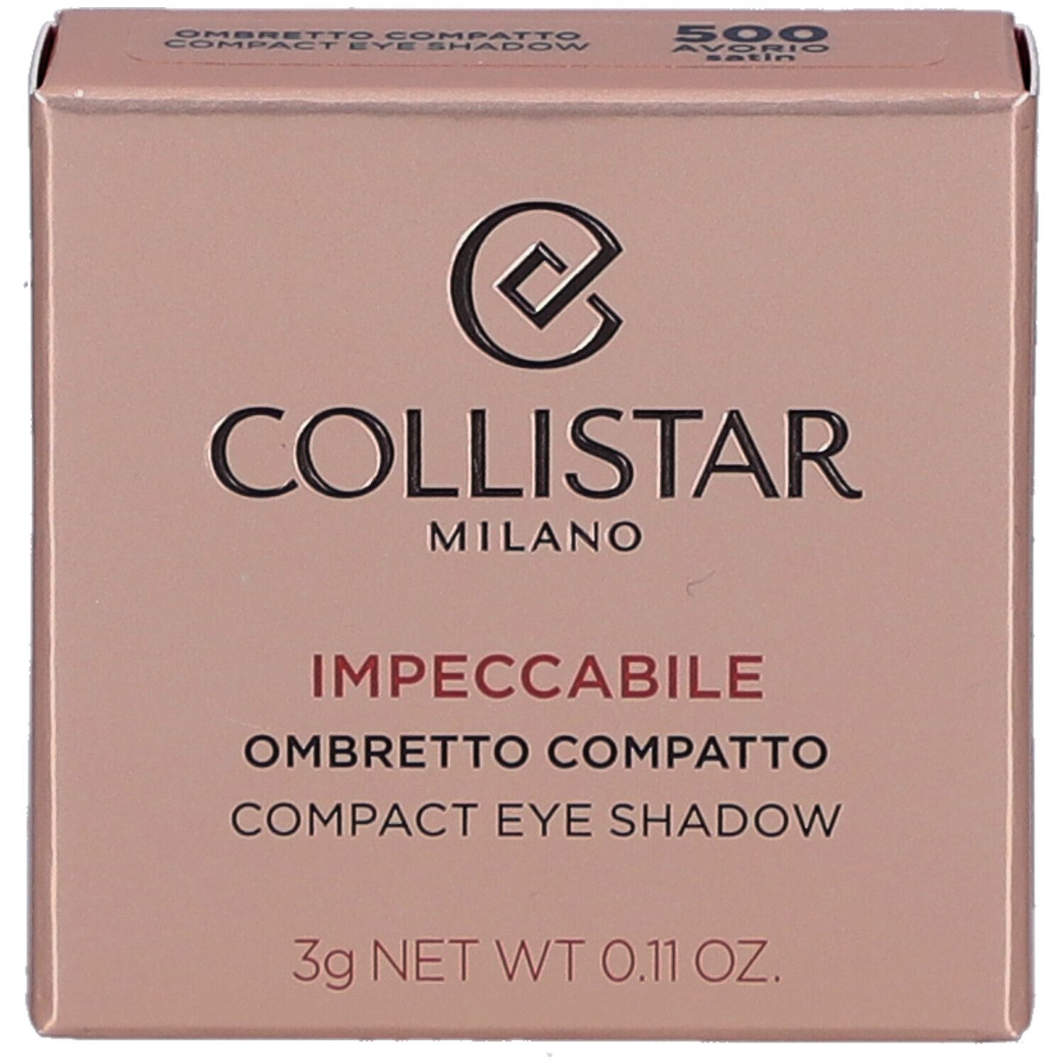 Kompakter Lidschatten-Karton. Marke: Collistar Milano. Text: Impeccabile Compact Eye Shadow. Farbe: 500 Avorio Satin.