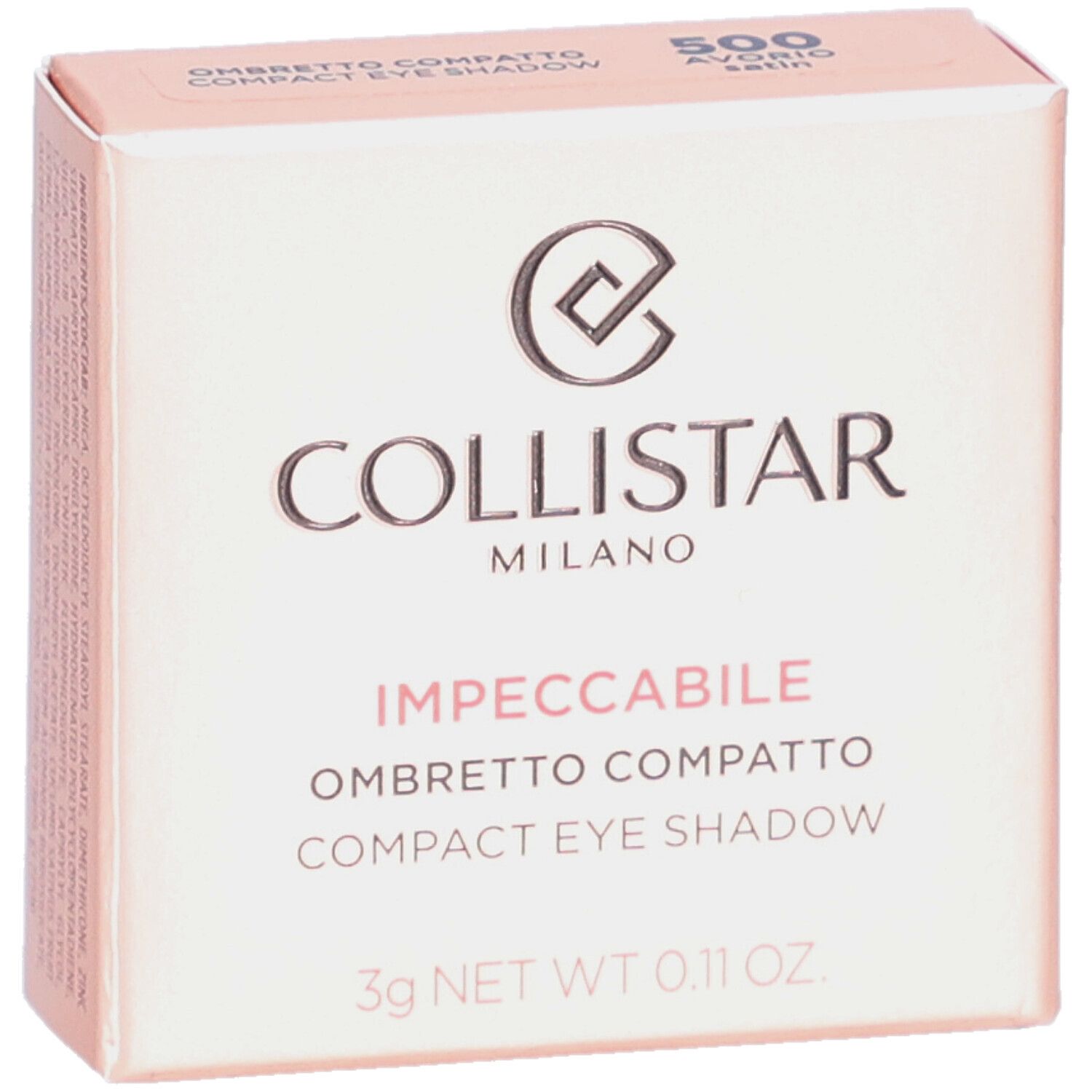 Kompakter Lidschatten-Karton. Marke: Collistar Milano. Text: Impeccabile Compact Eye Shadow. Farbe: 500 Avorio Satin.