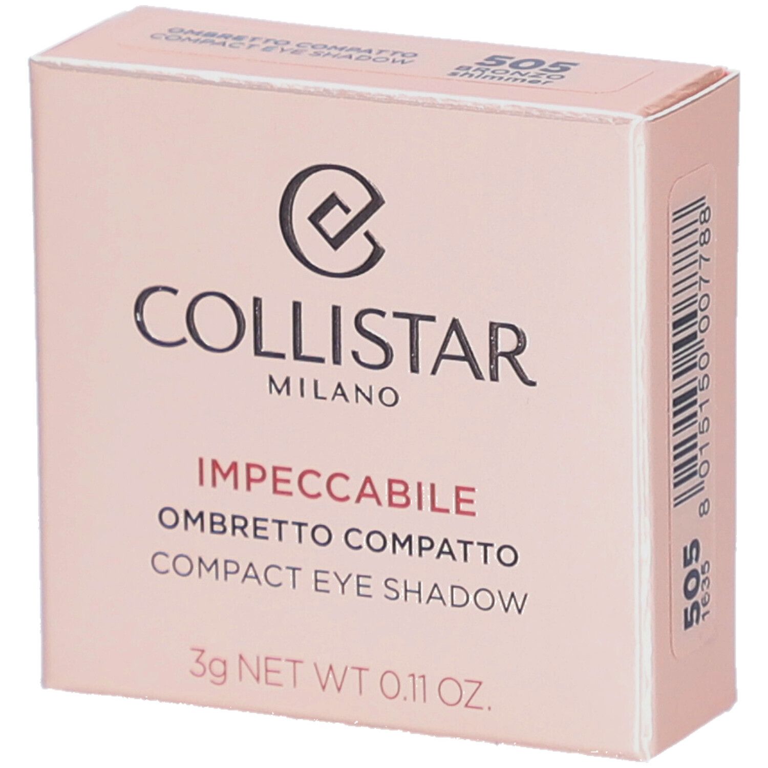 Collistar Impeccabile Compact Eyeshadow-Verpackung. Rosa-beige Schachtel mit Logo und Produktinformationen.