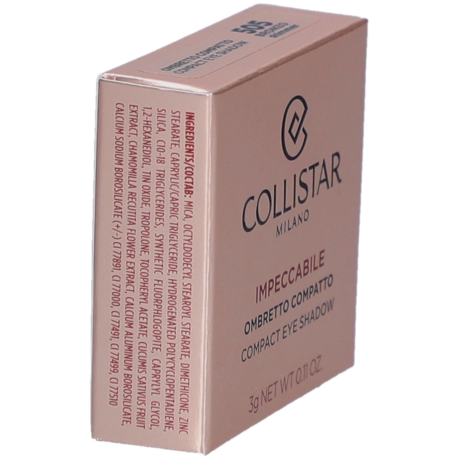 Collistar Impeccabile Compact Eyeshadow-Verpackung. Rosa-beige Schachtel mit Inhaltsstoffen und Logo.