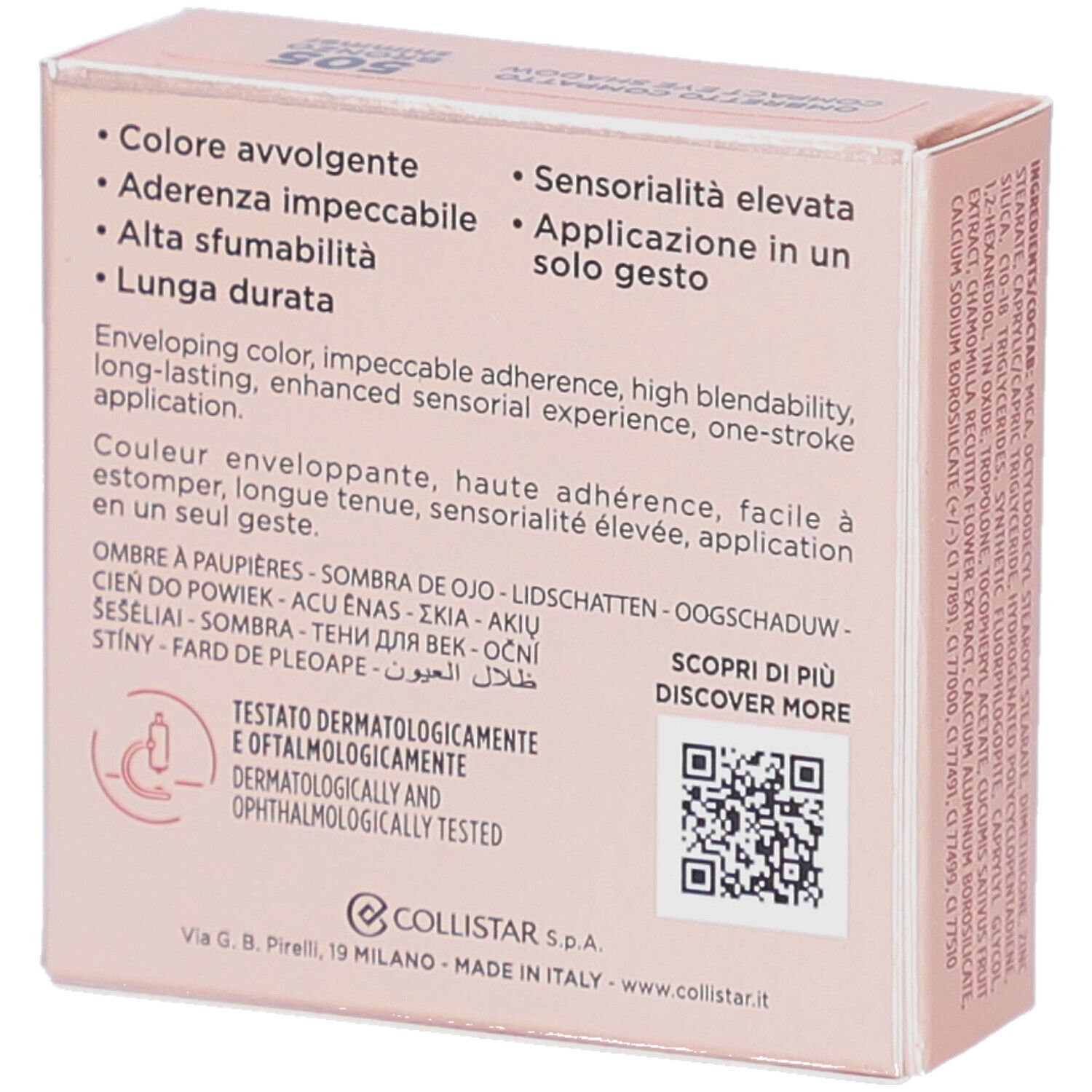Rückseite der Collistar Impeccabile Compact Eyeshadow-Verpackung. Text, QR-Code, Logo und Zertifizierung.