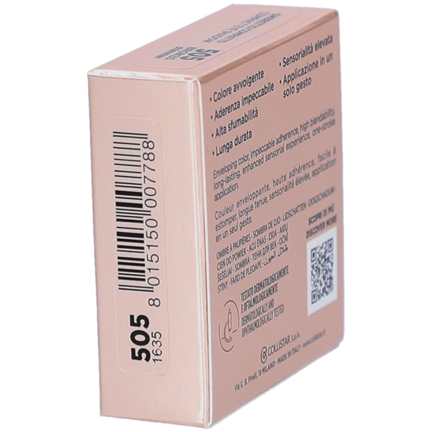 Rückseite der Collistar Impeccabile Compact Eyeshadow-Verpackung. Barcode, Text, Logo und Zertifizierung.