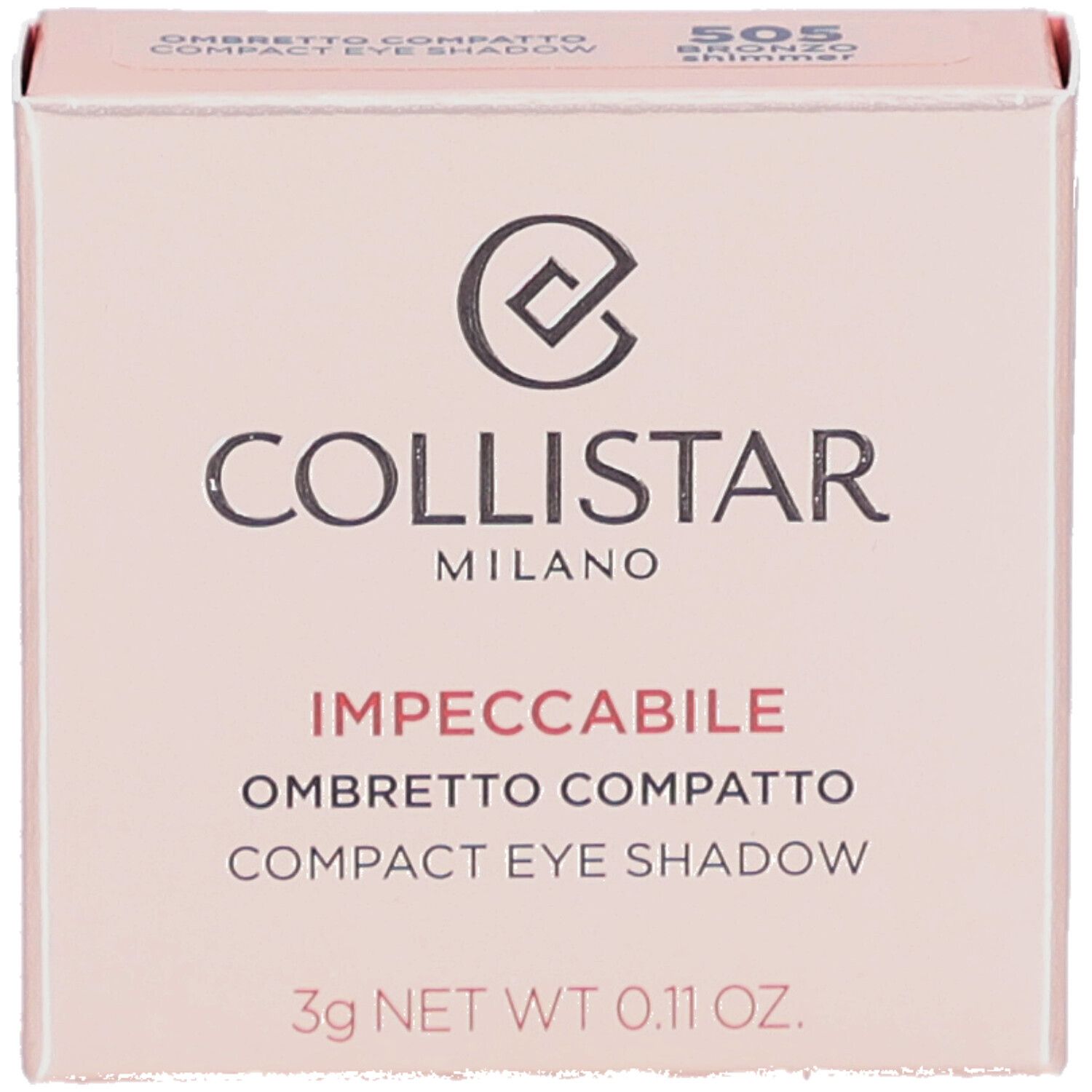 Collistar Impeccabile Compact Eyeshadow-Verpackung. Rosa-beige Schachtel mit Logo und Produktinformationen.