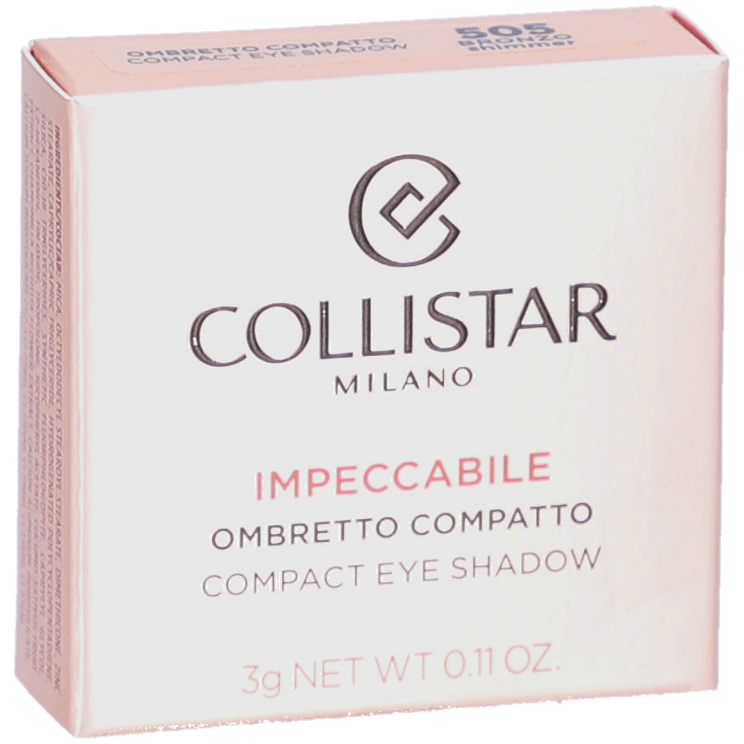 Collistar Impeccabile Compact Eyeshadow-Verpackung. Rosa-beige Schachtel mit Logo und Produktinformationen.