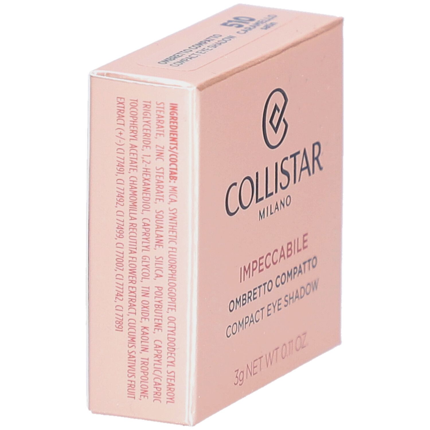 Fard à paupières compact dans un emballage rose. Marque: Collistar. Texte: Impeccabile Compact Eyeshadow. Ingrédients sur le côté.