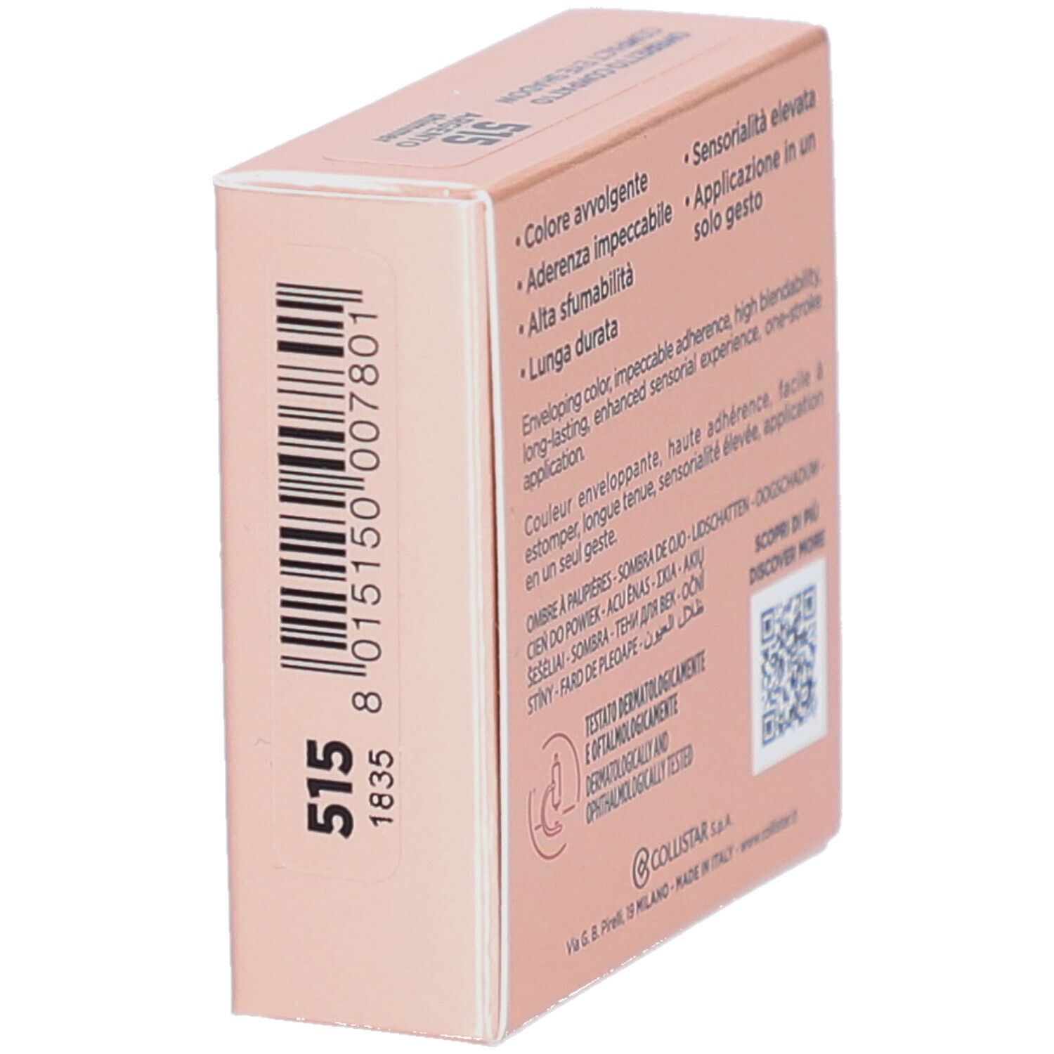 Seite des Lidschatten-Kartons. Marke: Collistar. Farbe: 515. Barcode. Dermatologisch und ophthalmologisch getestet.