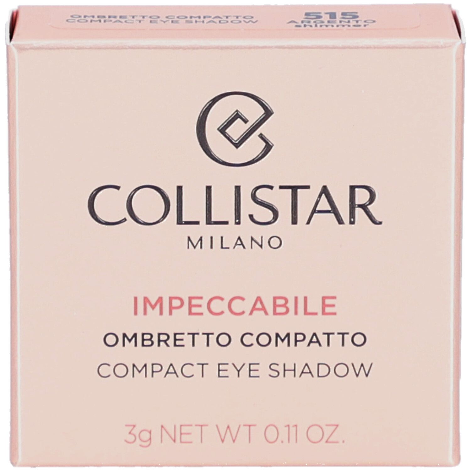 Kompakter Lidschatten-Karton. Marke: Collistar. Farbe: 515 Argento Shimmer. 3g. Rosa Verpackung mit Logo und Produktbezeichnung.