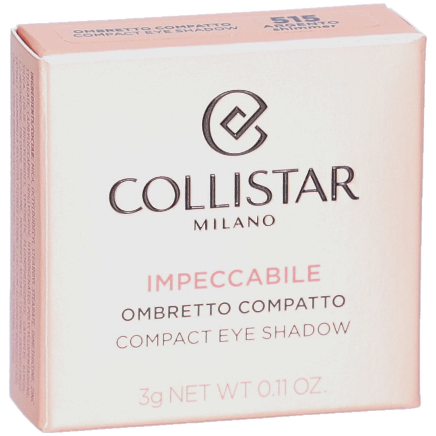Kompakter Lidschatten-Karton. Marke: Collistar. Farbe: 515 Argento Shimmer. 3g. Rosa Verpackung mit Logo und Produktbezeichnung.