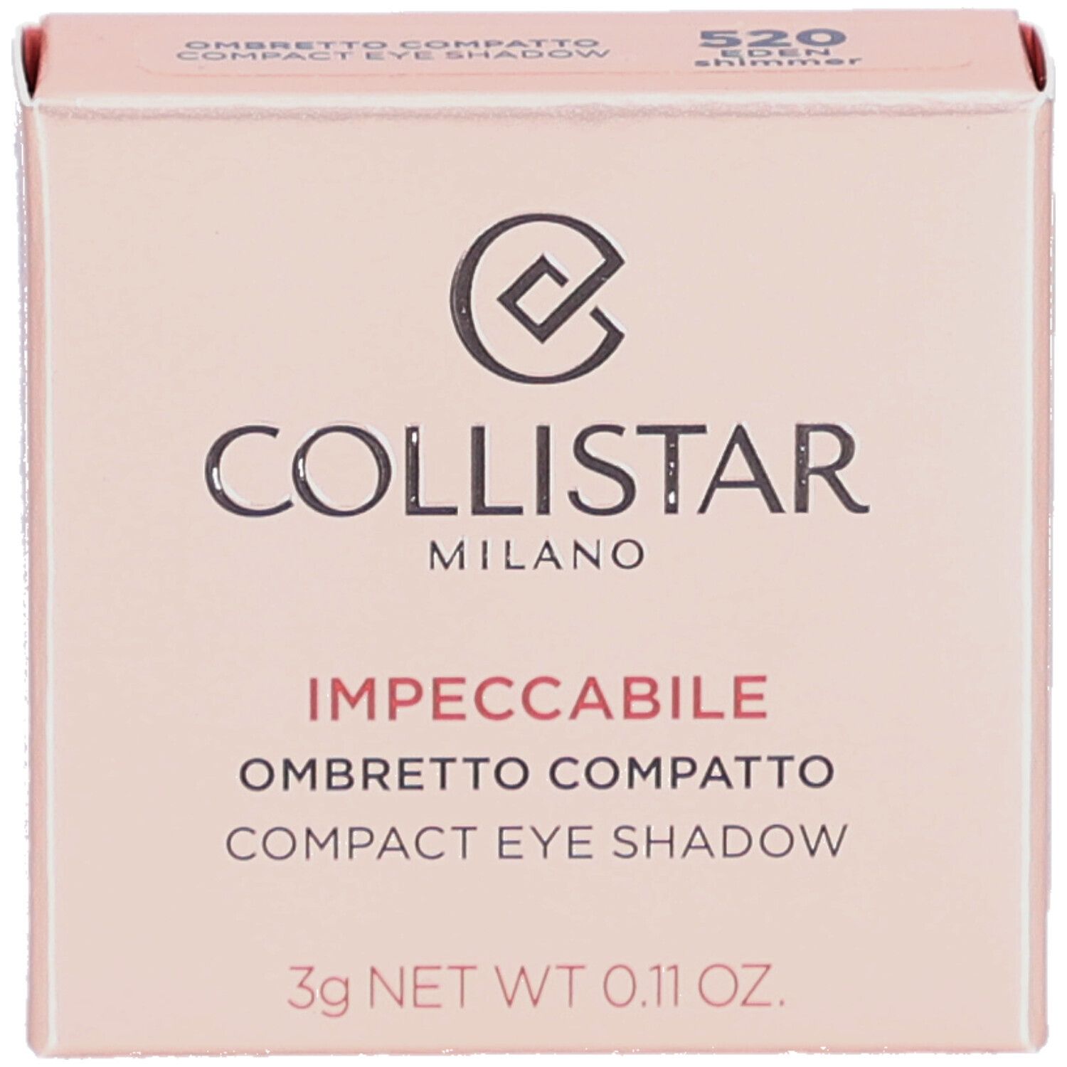 Boîte de fard à paupières compact. Marque Collistar. Teinte rose. Texte : Impeccabile Ombretto Compatto Compact Eye Shadow. 3g Net Wt 0.11 OZ.