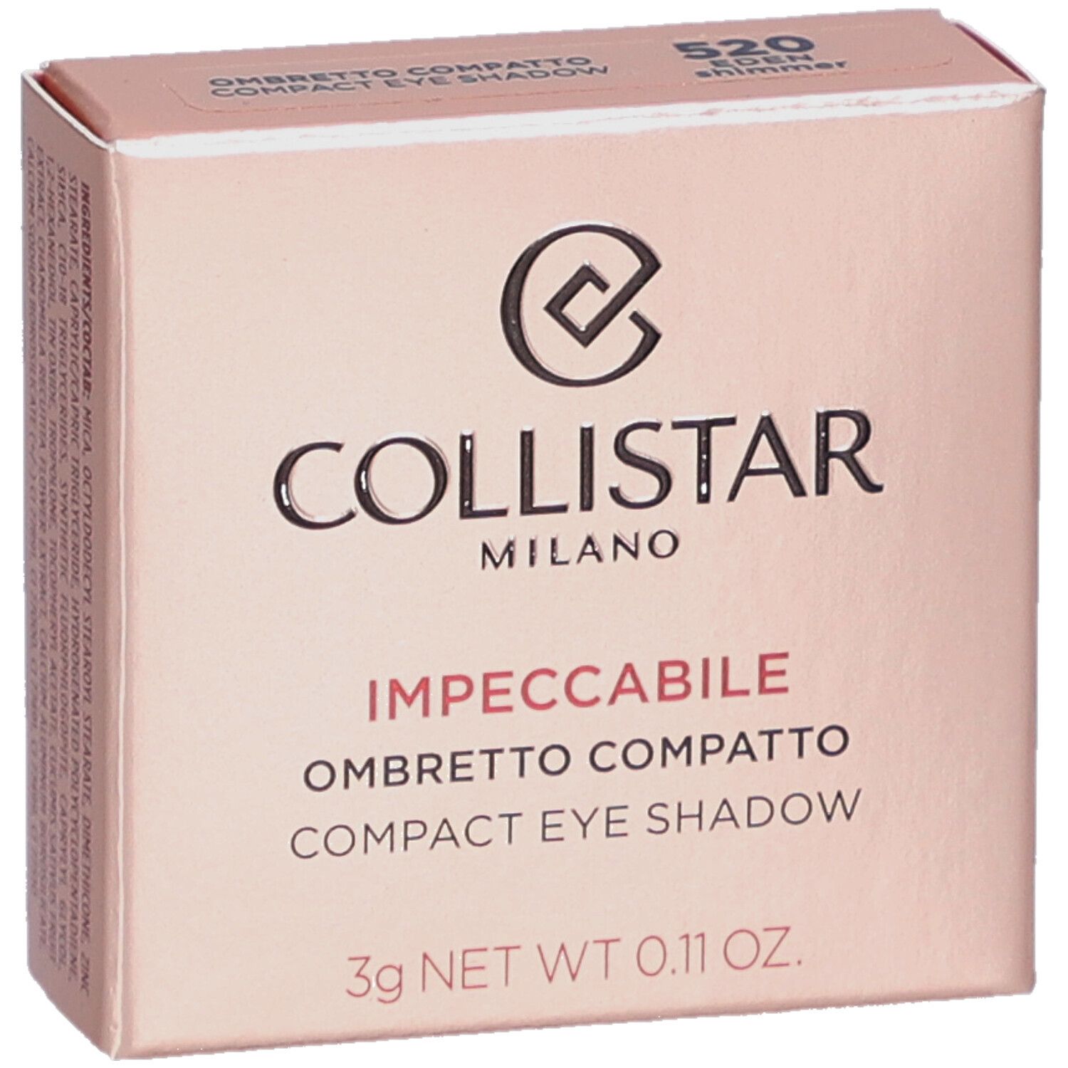 Boîte de fard à paupières compact. Marque Collistar. Teinte rose. Texte : Impeccabile Ombretto Compatto Compact Eye Shadow. 3g Net Wt 0.11 OZ.