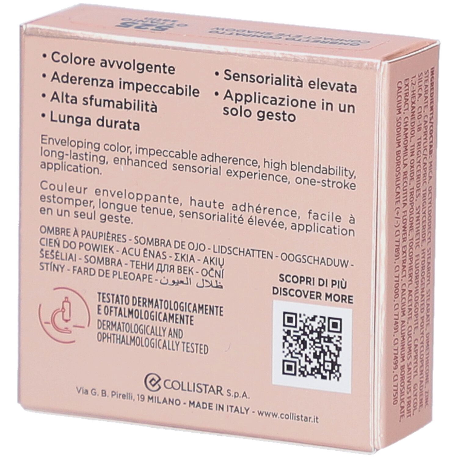 Dos de la boîte de fard à paupières compact Collistar. Texte, code QR, testé dermatologiquement. Code couleur 525.