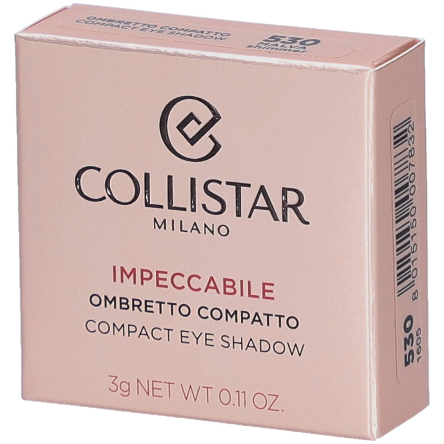 Kompakte Lidschatten-Verpackung. Marke Collistar, Farbton 530 Malva Shimmer. 3g. Rosa Verpackung mit Produktinformationen.