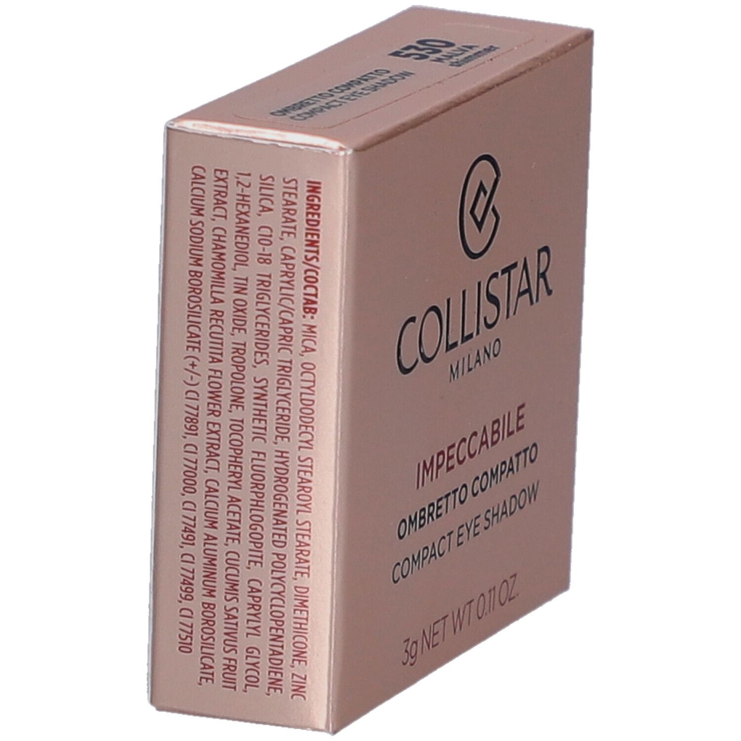 Kompakte Lidschatten-Verpackung. Marke Collistar. Inhaltsstoffe und Produktinformationen auf der Verpackung.