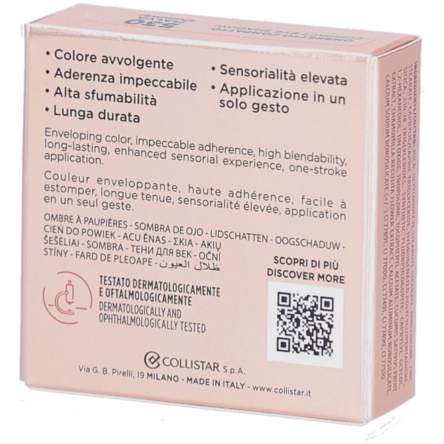 Rückseite der Lidschatten-Verpackung. Marke Collistar. Text mit Produktvorteilen und QR-Code.