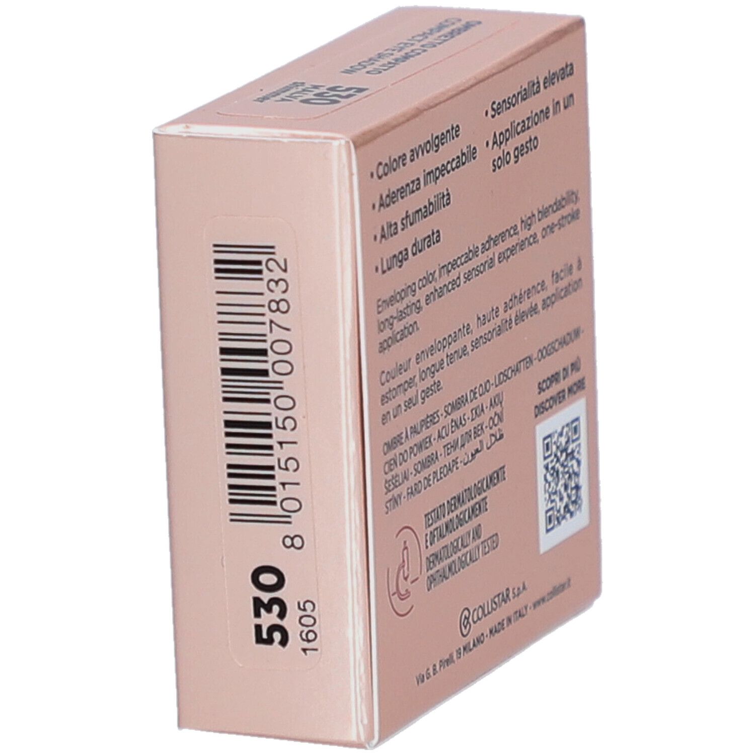 Kompakte Lidschatten-Verpackung. Marke Collistar. Farbton 530. Produktinformationen und Barcode.