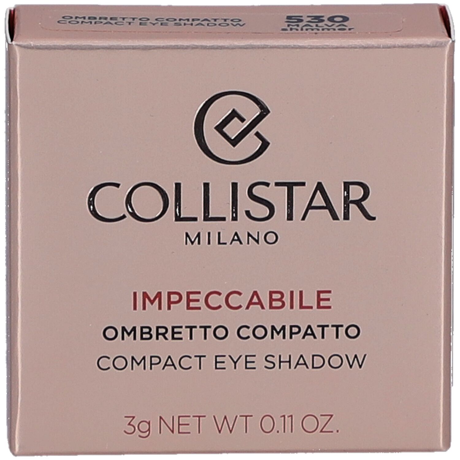Kompakte Lidschatten-Verpackung. Marke Collistar, Farbton 530 Malva Shimmer. 3g. Rosa Verpackung.