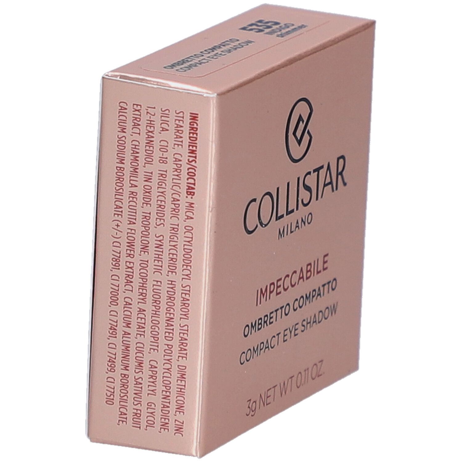 Boîte rose. Collistar Milano, Impeccabile Compact Eyeshadow. Ingrédients imprimés.
