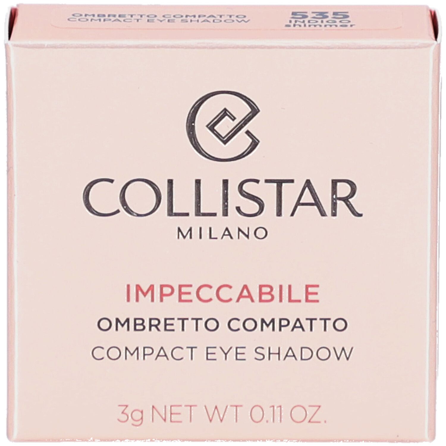 Boîte rose. Collistar Milano, Impeccabile Compact Eyeshadow. 3g. Code couleur 535 Indigo Shimmer.