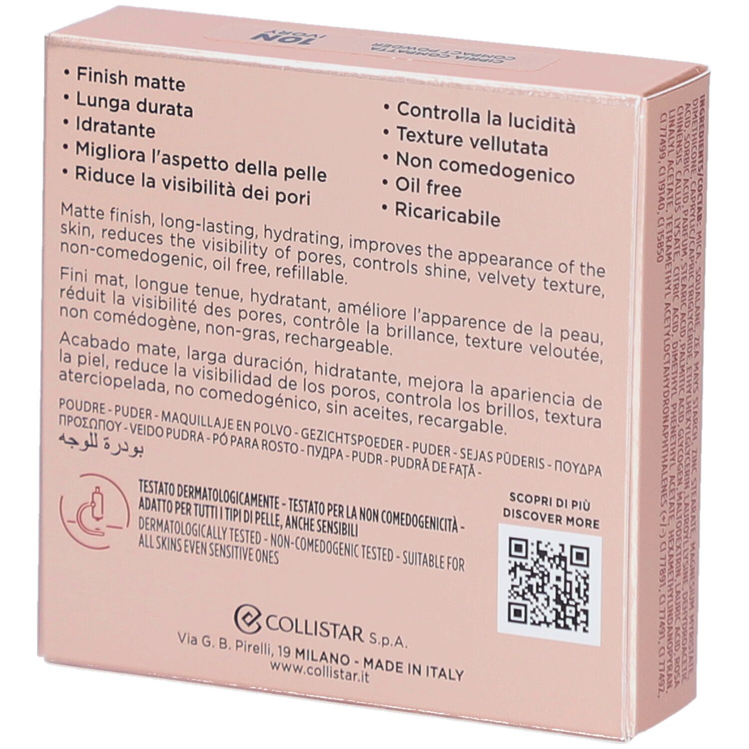 Dos de l'emballage de poudre compacte Collistar Impeccabile. Caractéristiques, QR code, logo.