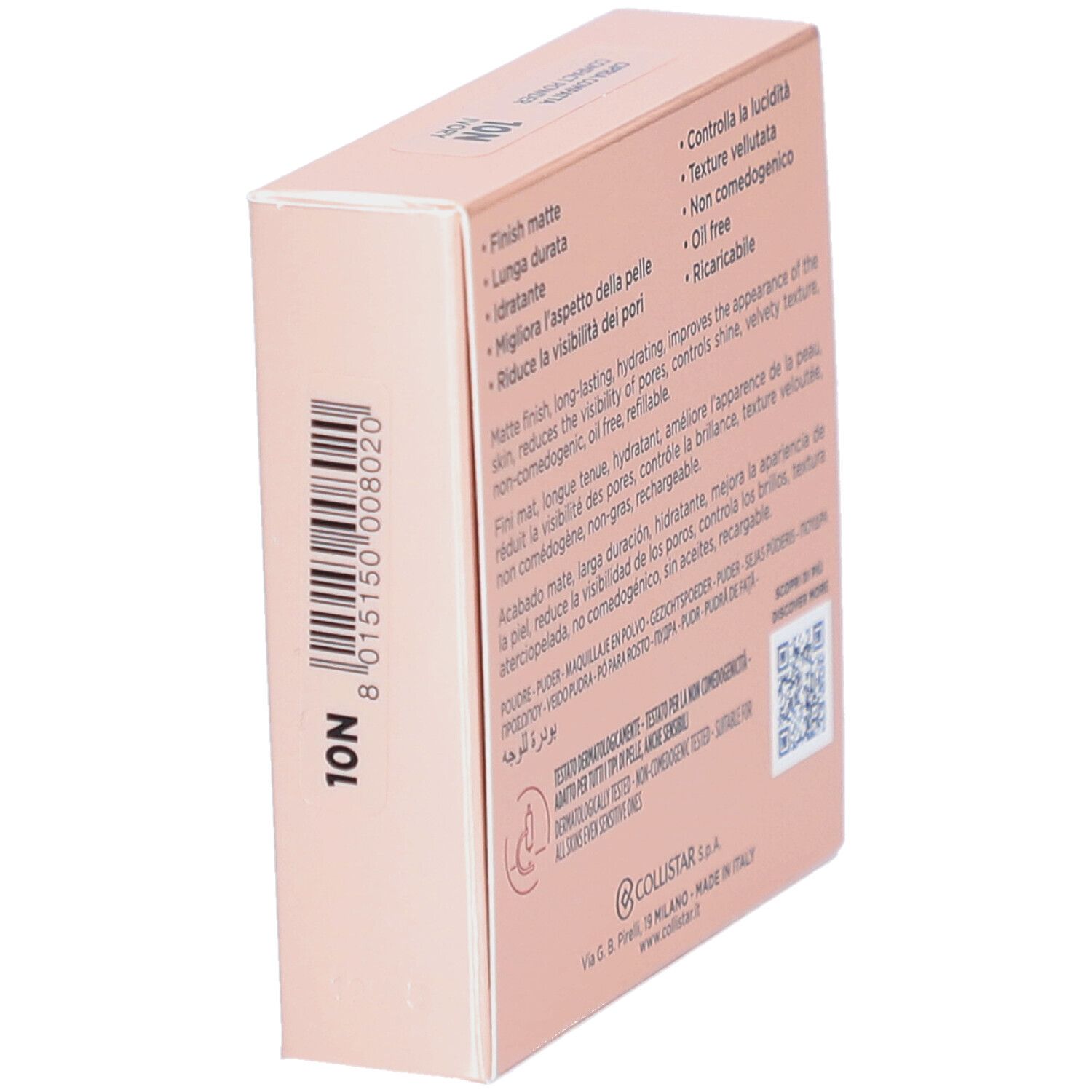 Dos de l'emballage de poudre compacte Collistar Impeccabile. Caractéristiques, QR code, logo.