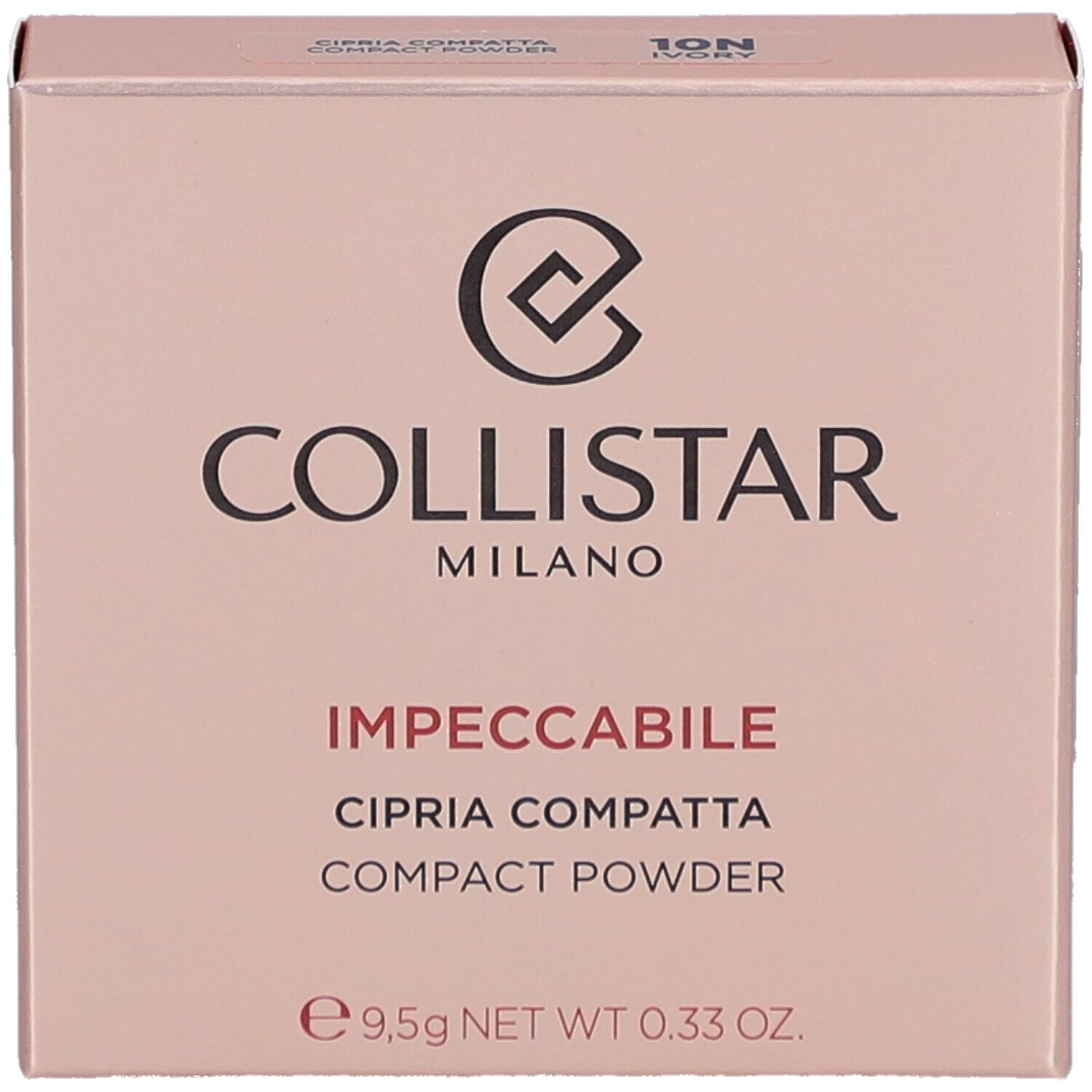 Emballage de poudre compacte Collistar Impeccabile. Rose, logo, nom du produit, 9,5g, 10N Ivory.