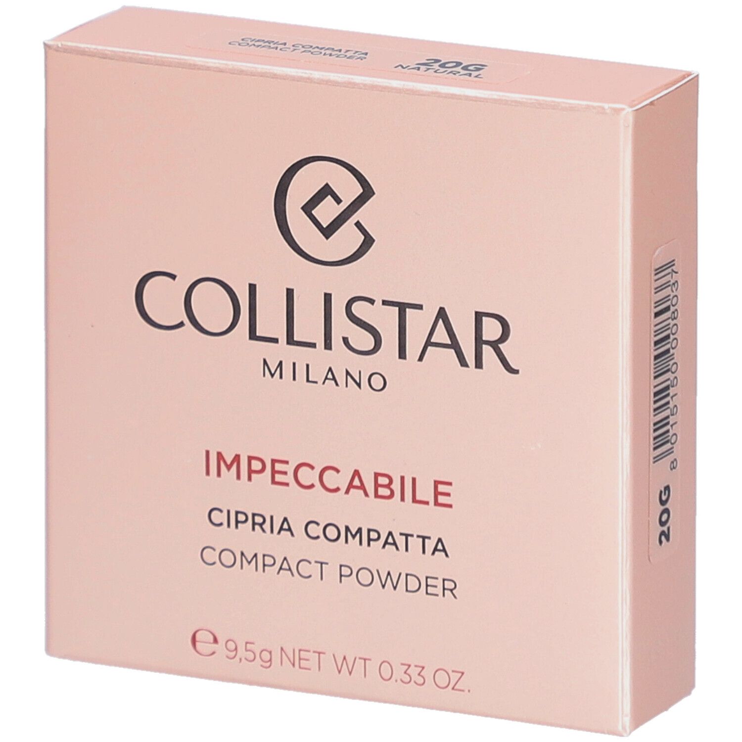Rosafarbene Schachtel. Aufschrift: Collistar Milano, Impeccabile, Cipria Compatta, Compact Powder. 20G Natural. 9,5g NET WT 0.33 OZ.