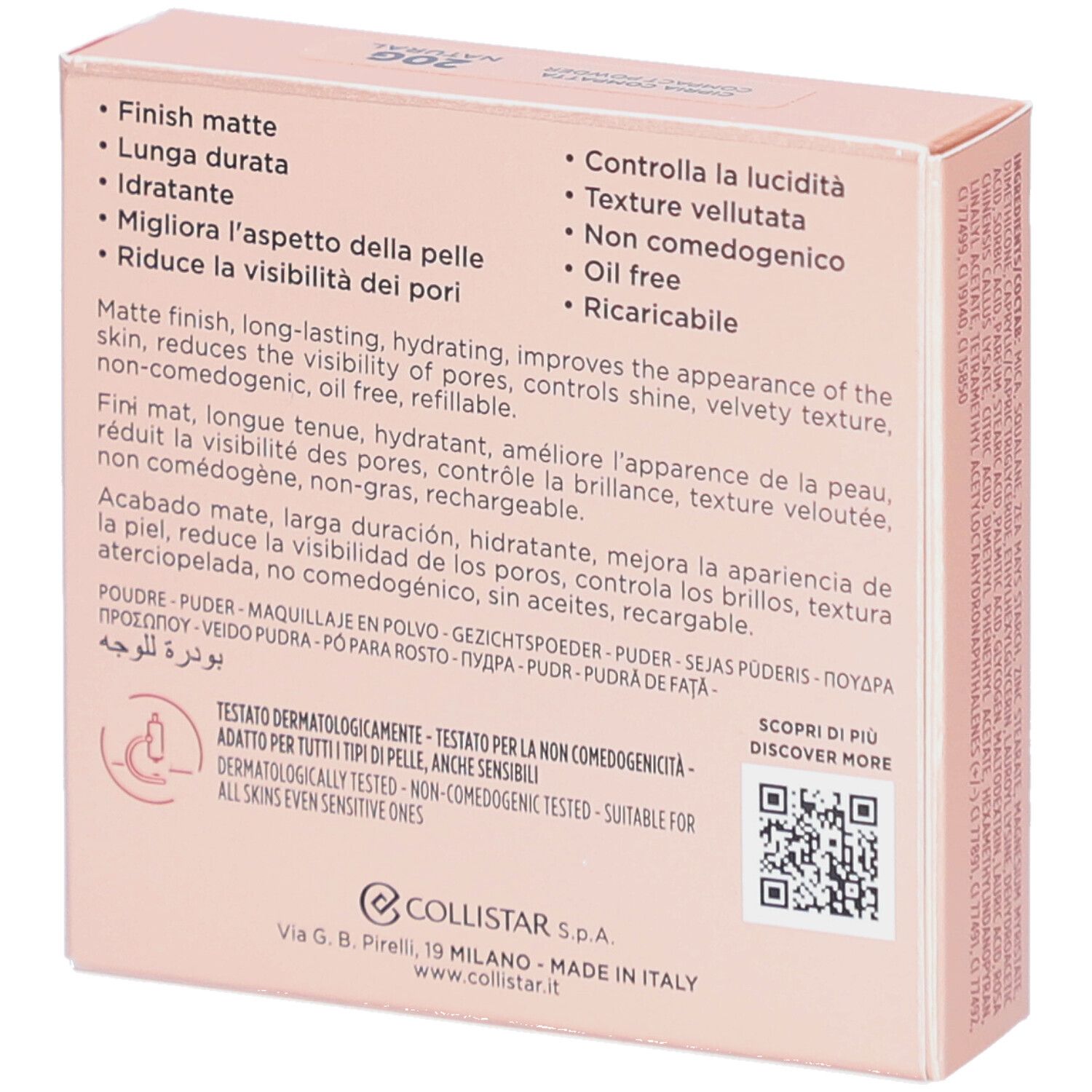 Rückseite der rosa Schachtel. Text: Finish matt, lange Haltbarkeit, hydratisierend, verbessert das Hautbild, reduziert Poren, ölfrei.