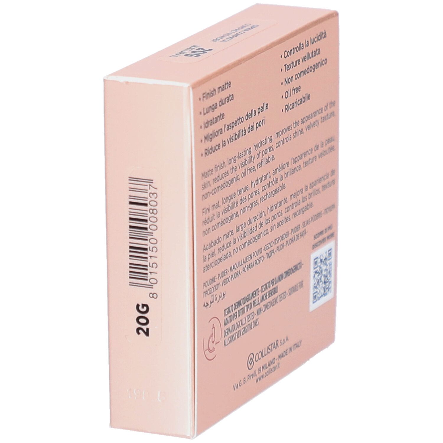 Seite der rosa Schachtel. Aufschrift: 20G. Text: Finish matt, lange Haltbarkeit, hydratisierend, verbessert das Hautbild, reduziert Poren, ölfrei.