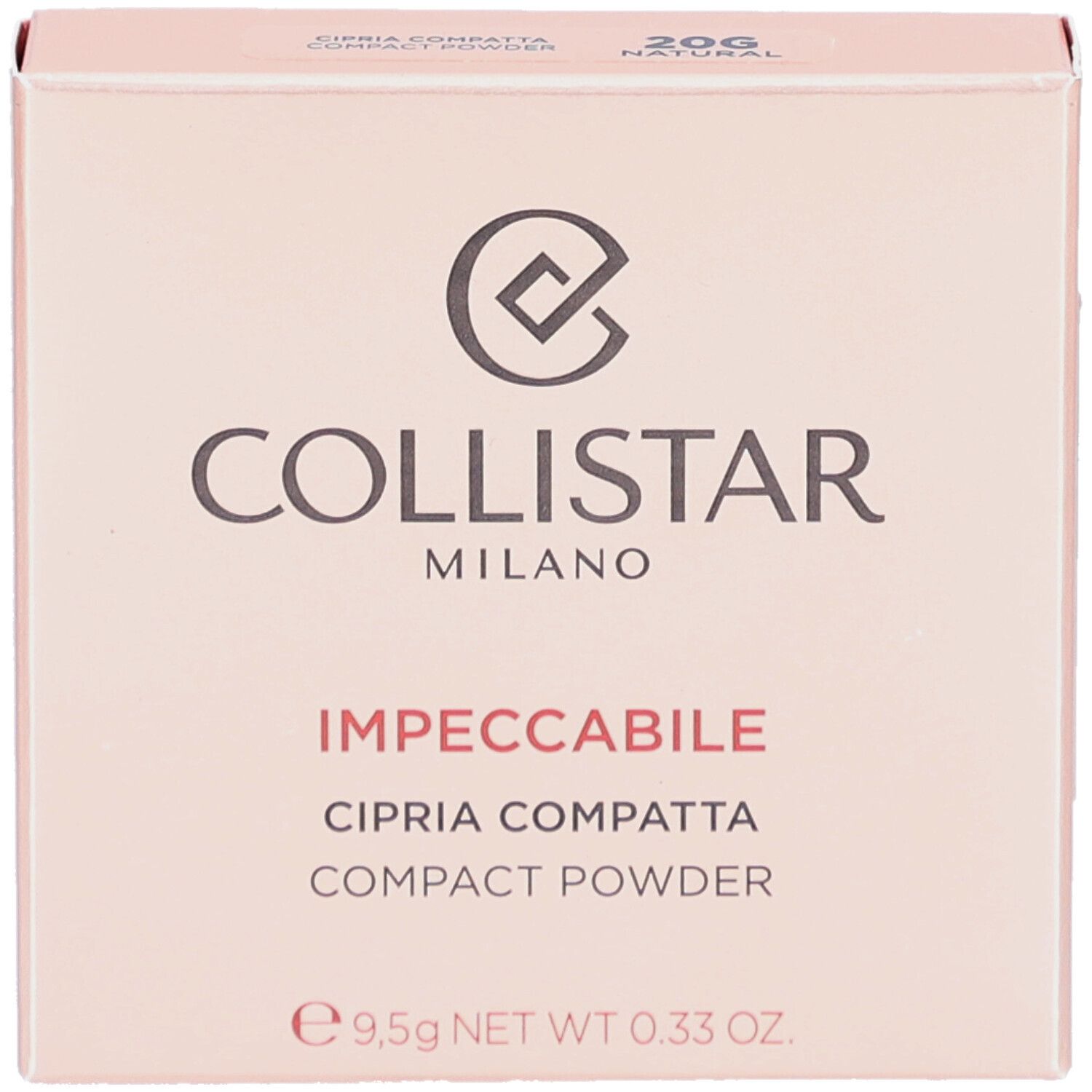 Rosafarbene Schachtel. Aufschrift: Collistar Milano, Impeccabile, Cipria Compatta, Compact Powder. 20G Natural. 9,5g NET WT 0.33 OZ.