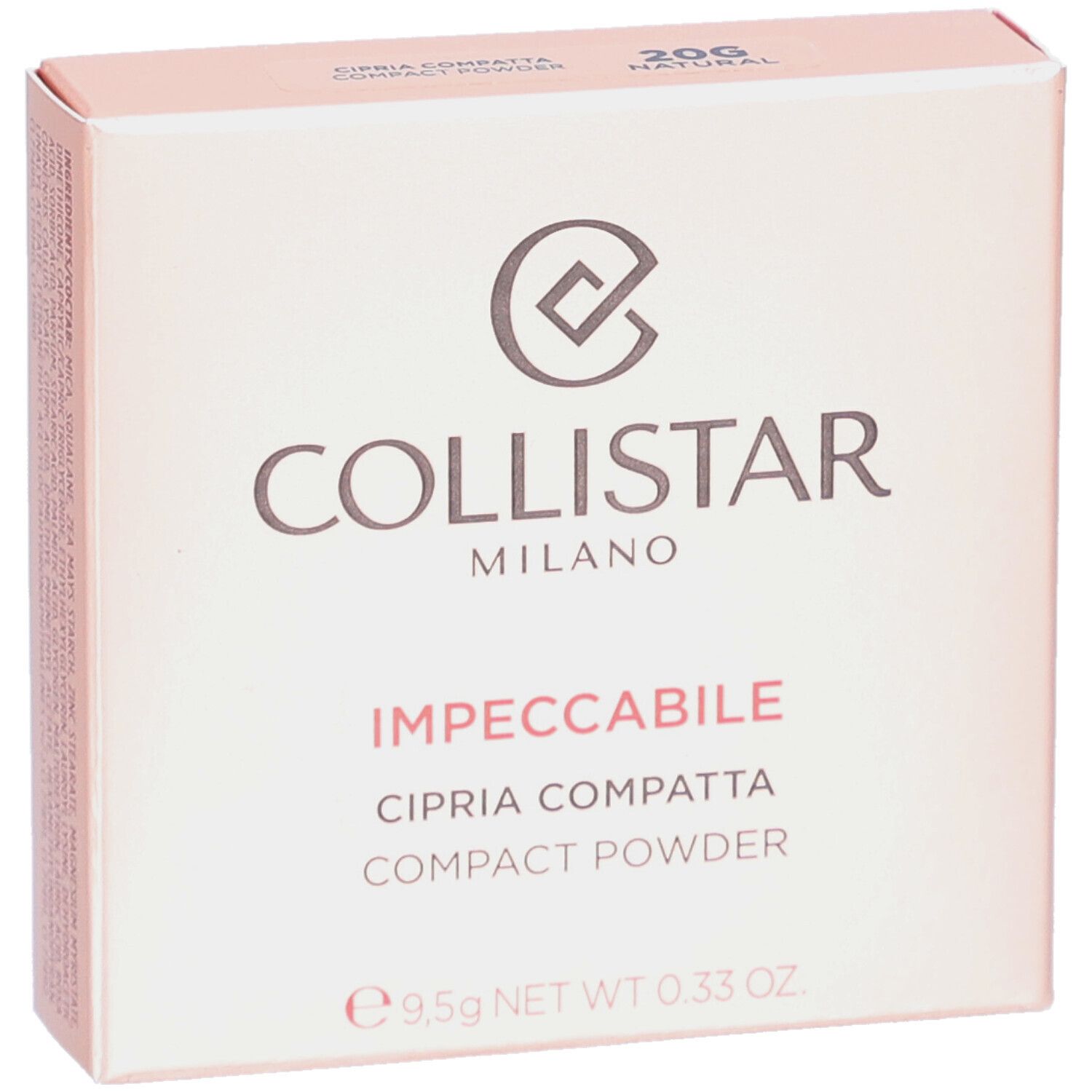 Rosafarbene Schachtel. Aufschrift: Collistar Milano, Impeccabile, Cipria Compatta, Compact Powder. 20G Natural. 9,5g NET WT 0.33 OZ.