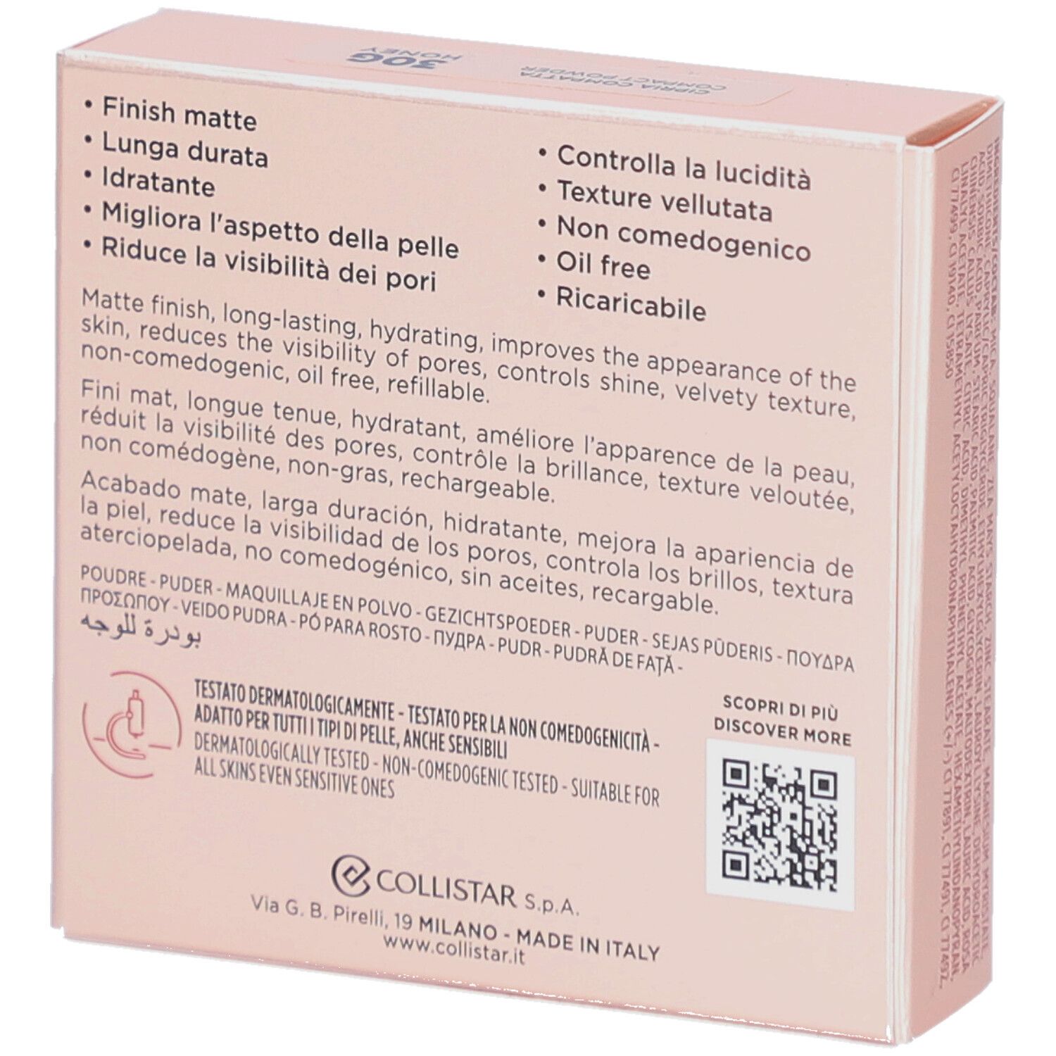 Rückseite der Kompaktpuder-Verpackung. Text in mehreren Sprachen. Marke Collistar.