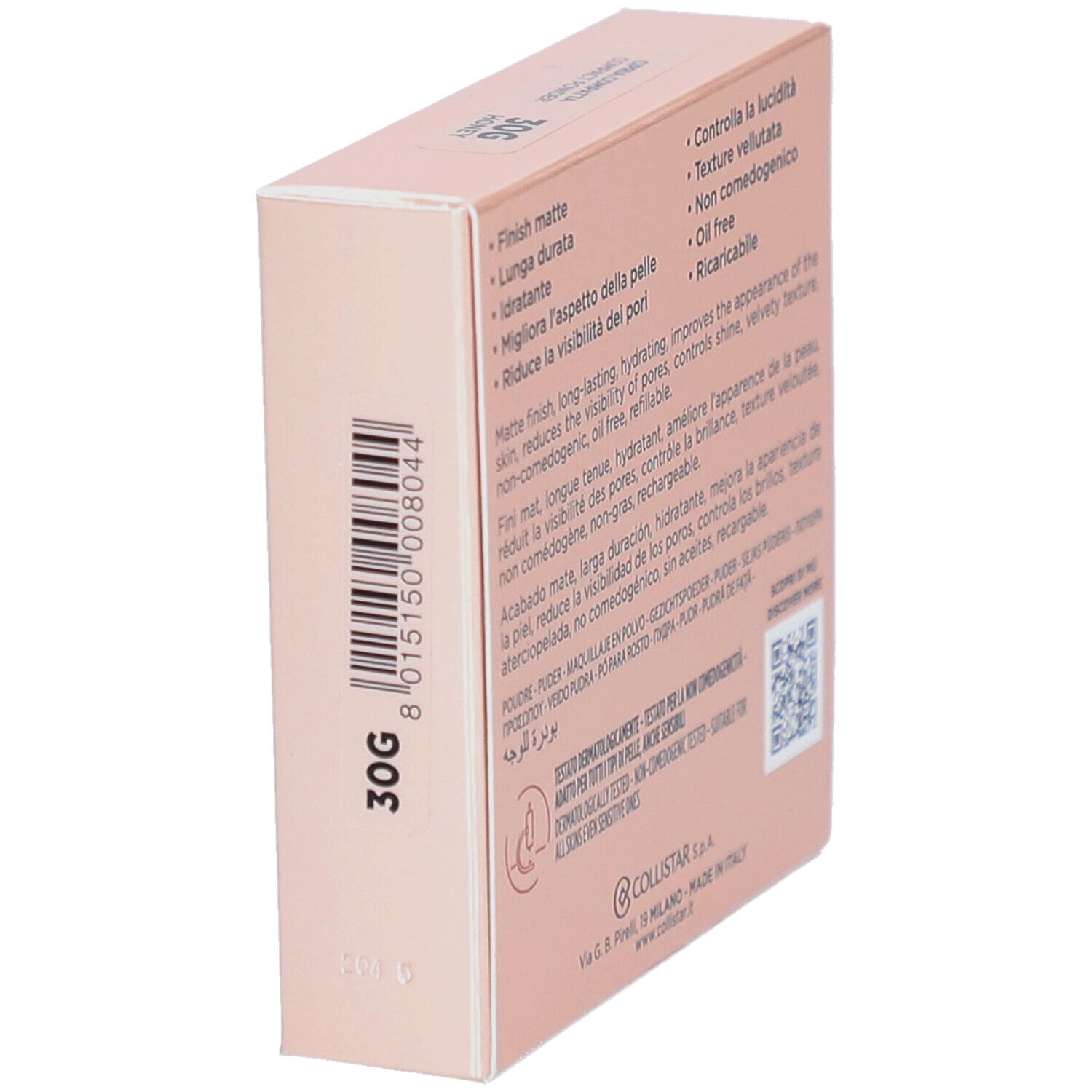 Rückseite der Kompaktpuder-Verpackung. Text in mehreren Sprachen. Marke Collistar.