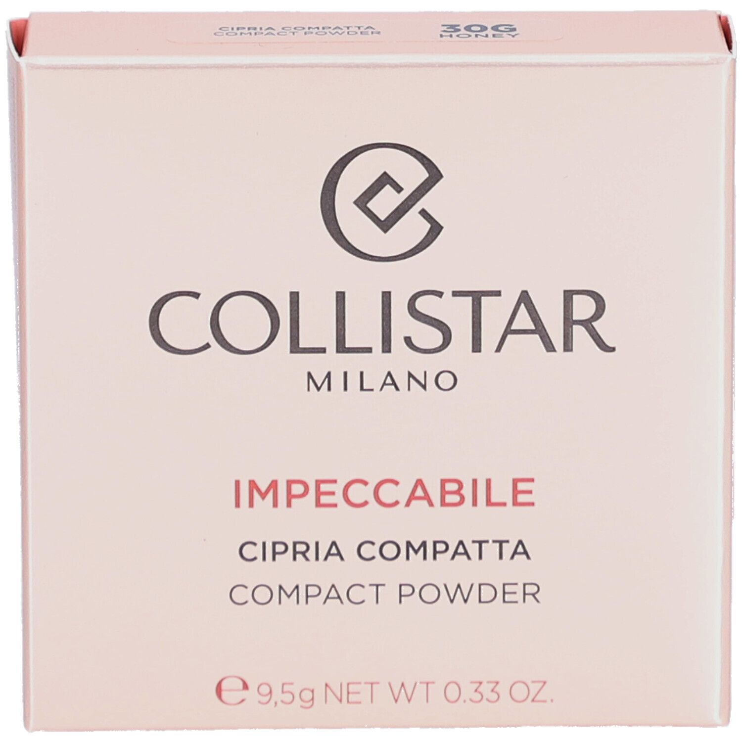 Kompaktpuder-Verpackung. Marke Collistar, Schriftzug Impeccabile. Rosa Farbton, 30G Honey.