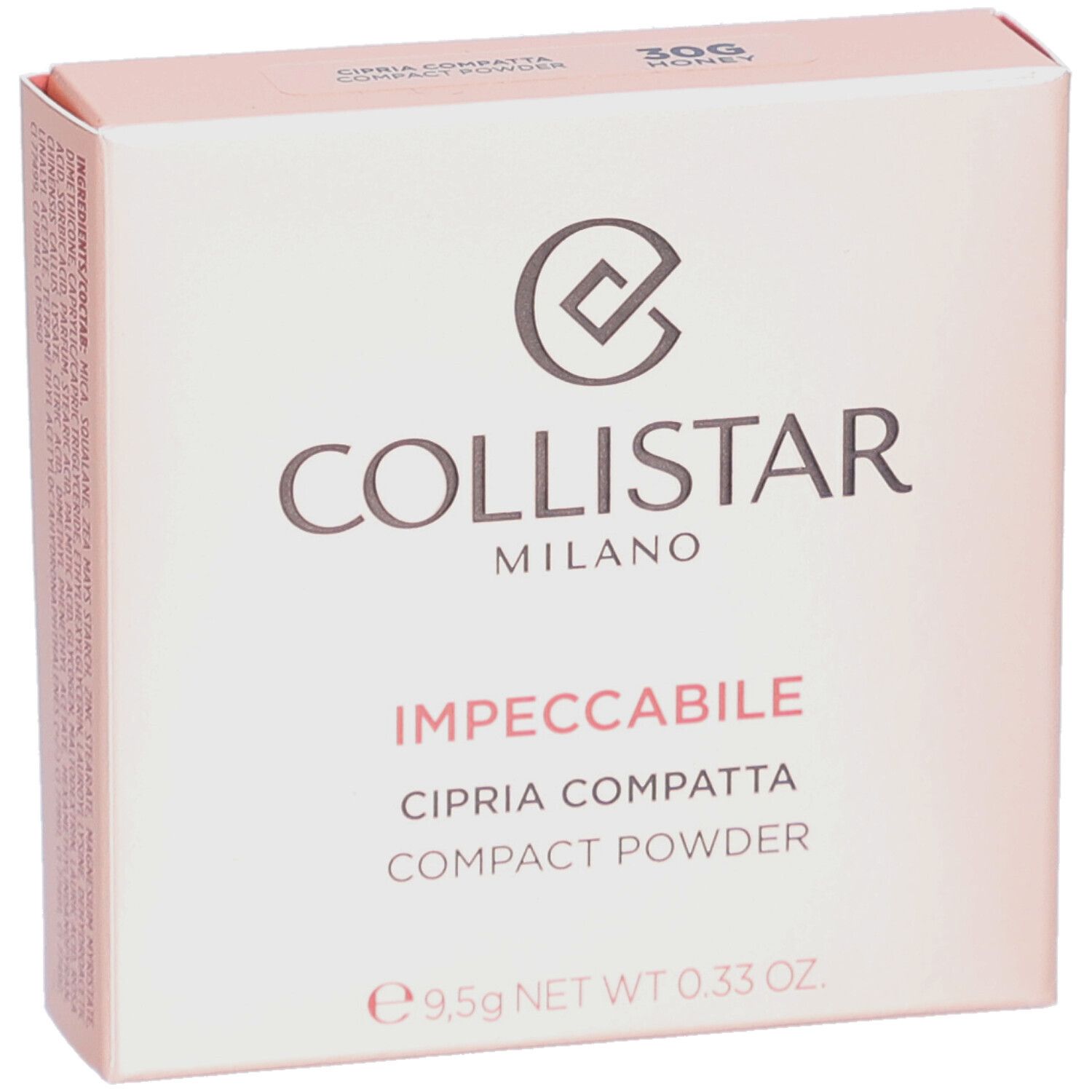 Kompaktpuder-Verpackung. Marke Collistar, Schriftzug Impeccabile. Rosa Farbton, 30G Honey.