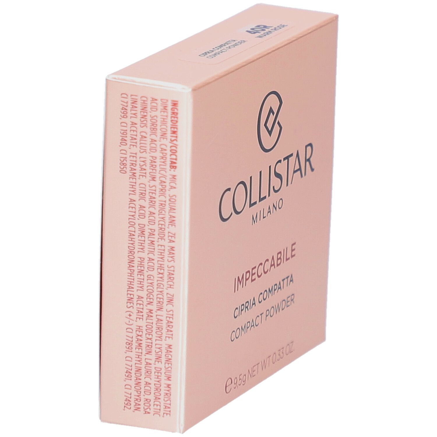 Boîte de poudre Collistar en biais. Logo et nom du produit. Ingrédients.