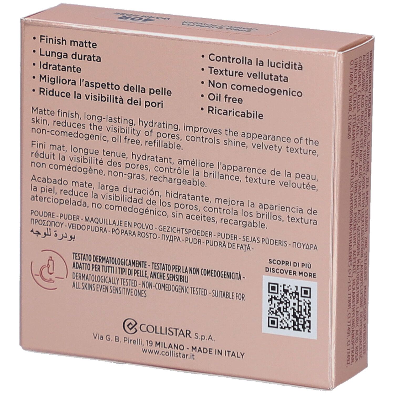 Dos de la boîte de poudre Collistar. Caractéristiques du produit et code QR.