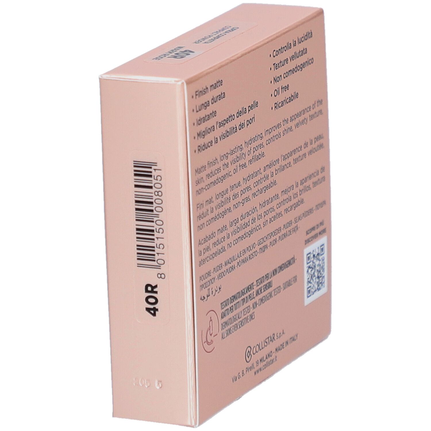 Boîte de poudre Collistar en biais. Caractéristiques du produit et code QR.