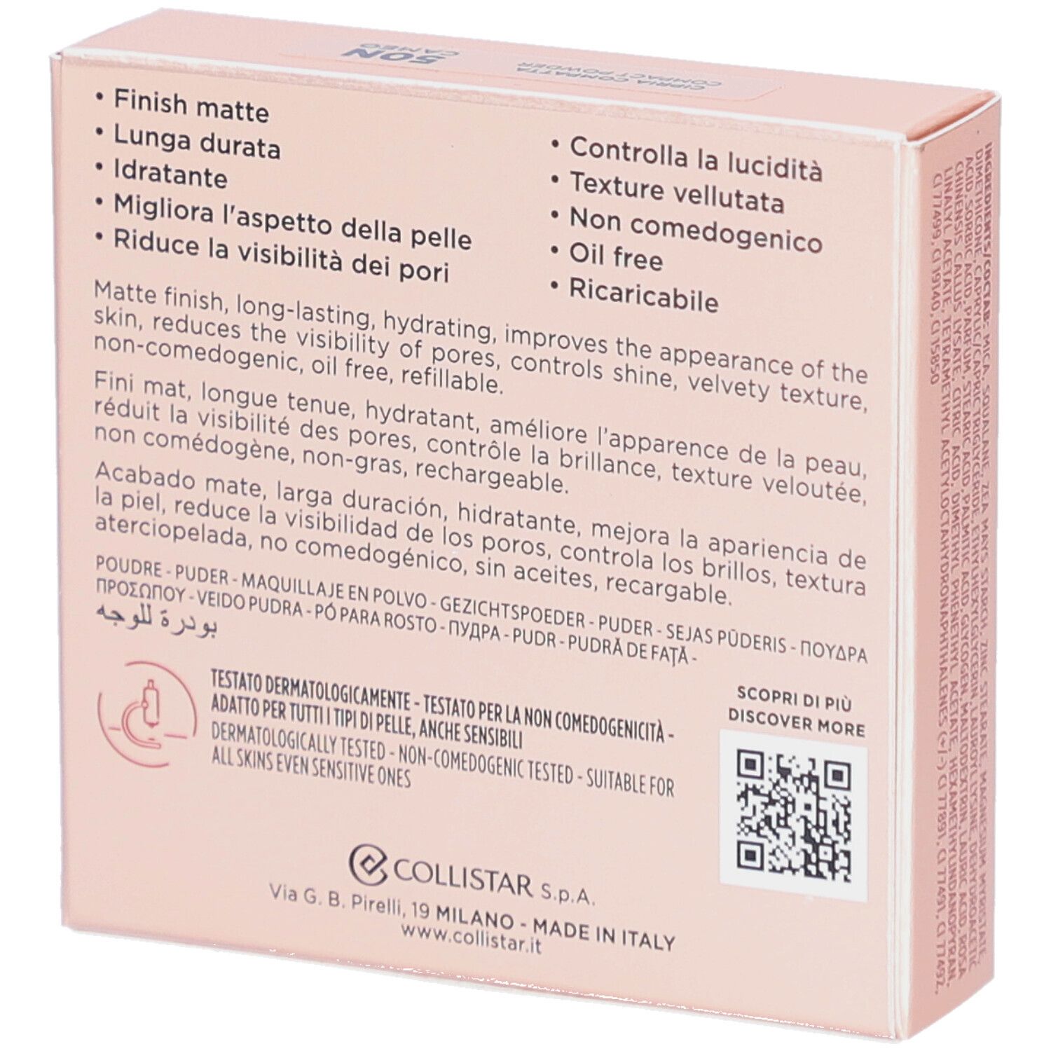 Boîte rose. Inscription: Collistar Milano, Impeccabile, Cipria Compatta, Compact Powder. Caractéristiques.