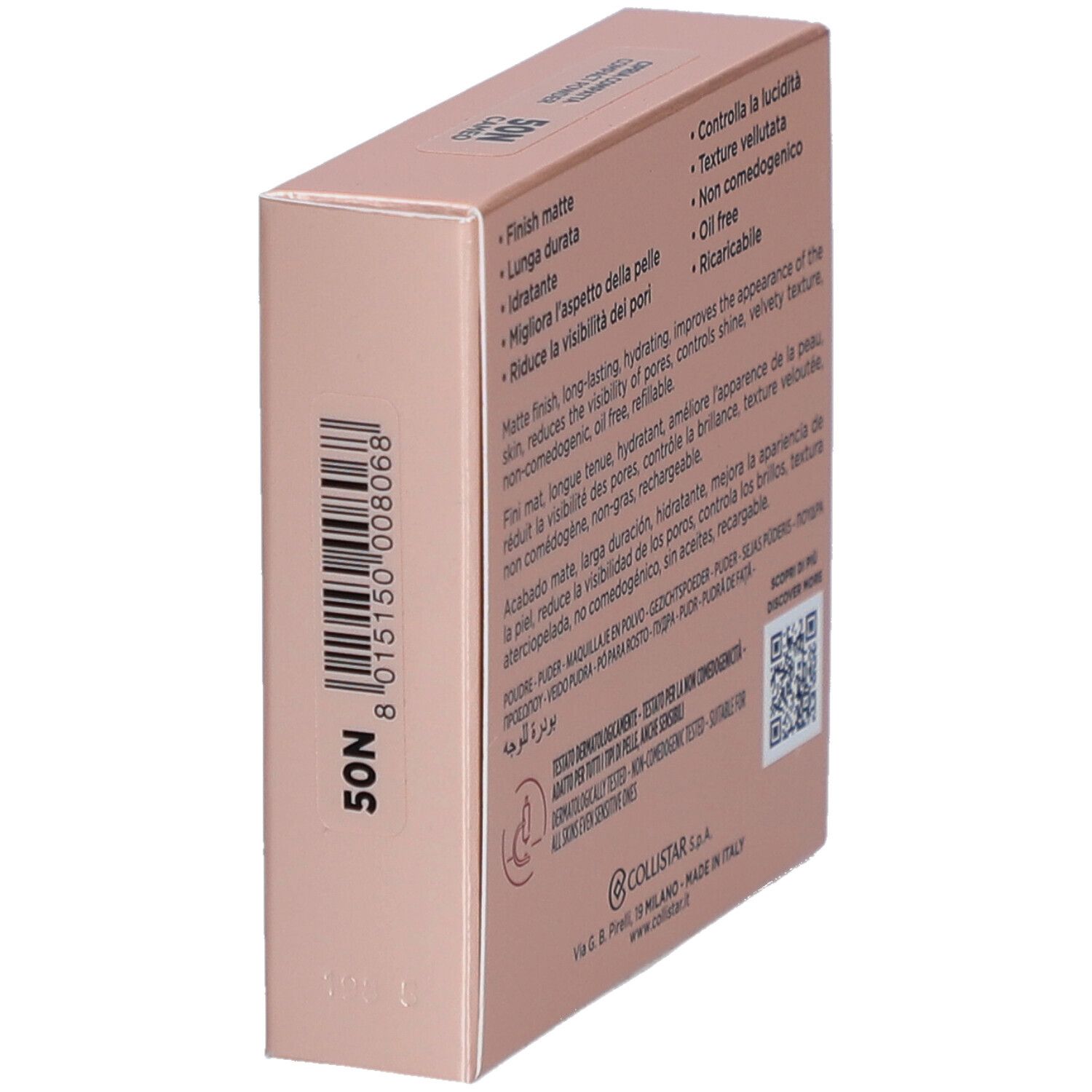 Boîte rose. Inscription: Collistar Milano, Impeccabile, Cipria Compatta, Compact Powder. 50N.