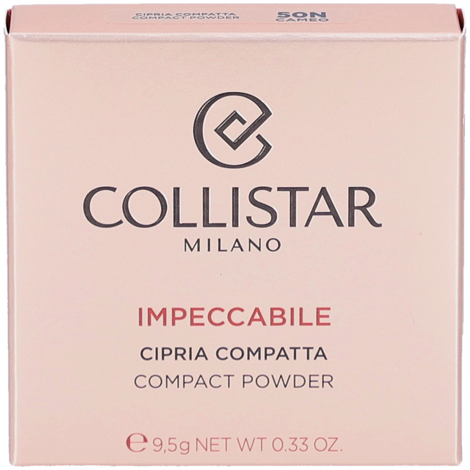 Boîte rose. Inscription: Collistar Milano, Impeccabile, Cipria Compatta, Compact Powder. 9,5g.