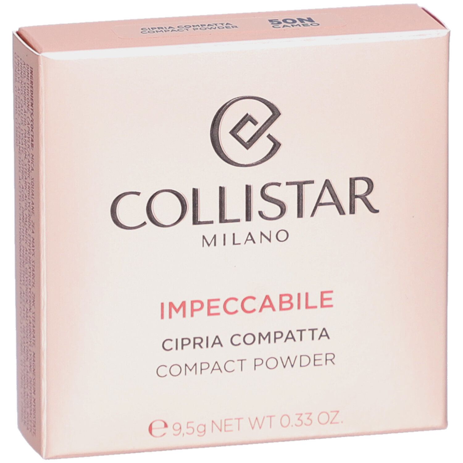 Boîte rose. Inscription: Collistar Milano, Impeccabile, Cipria Compatta, Compact Powder. 9,5g.