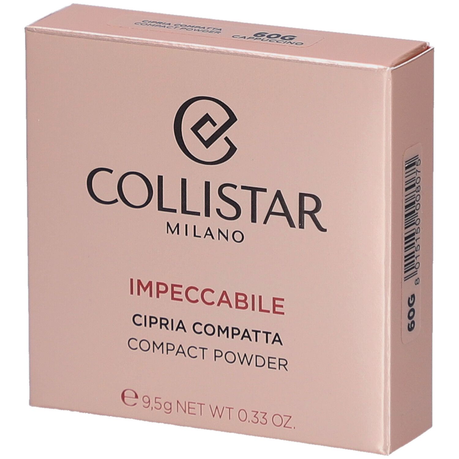 Boîte de poudre compacte Collistar Impeccabile. Boîte rose avec logo et informations produit. 60G Cappuccino.