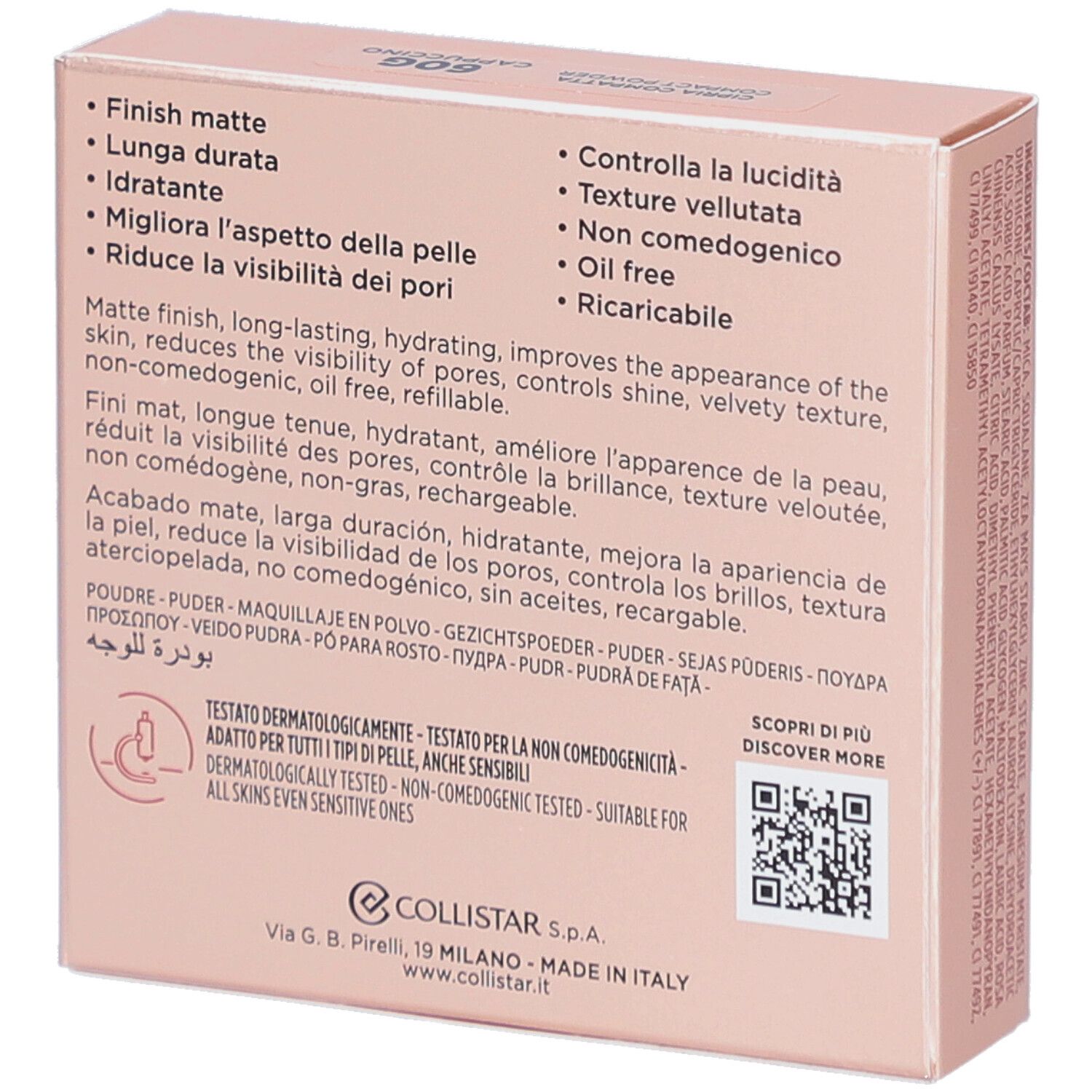 Dos de la boîte de poudre compacte Collistar Impeccabile. Boîte rose avec informations produit et code QR.